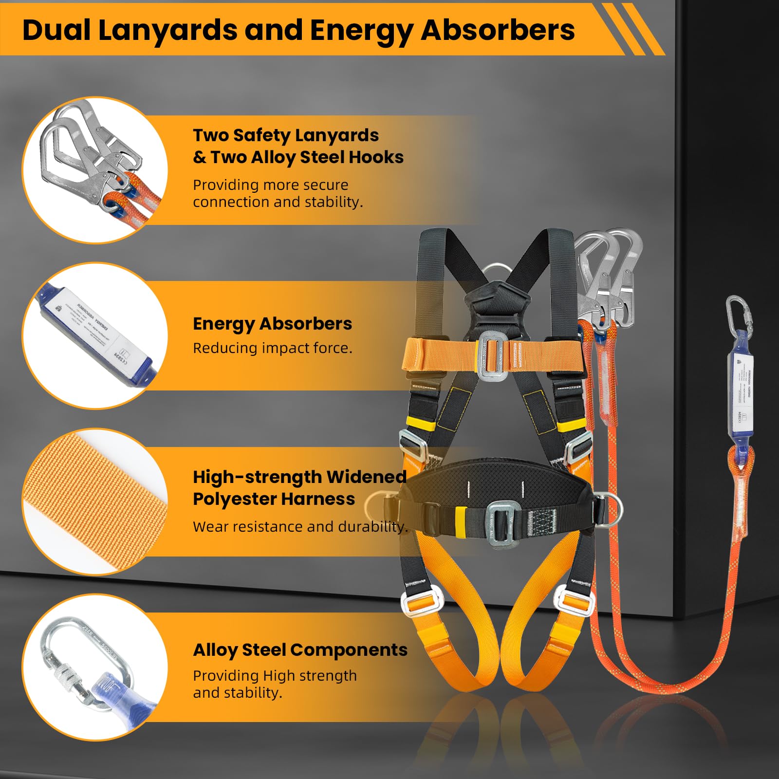 Imbracatura di Sicurezza Anticaduta Corpo Intero con Cuscino Lombare – Doppio Cordino & Assorbitore Energia, 140 kg Max, Certificata EN, Cintura di Sicurezza Anticaduta per Linea Vita tetto Kit
