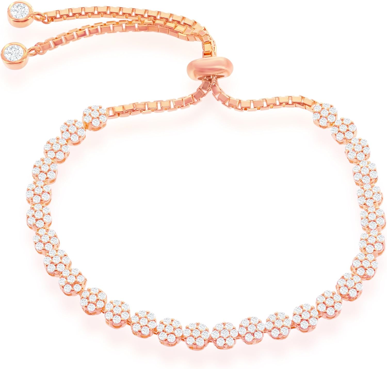 Italian Sterling Silver/ 14k Gold Plated/Rose Gold Overlay Sparkling Cubic Zirconia Flower Adjustable Bolo Friendship Bracelet