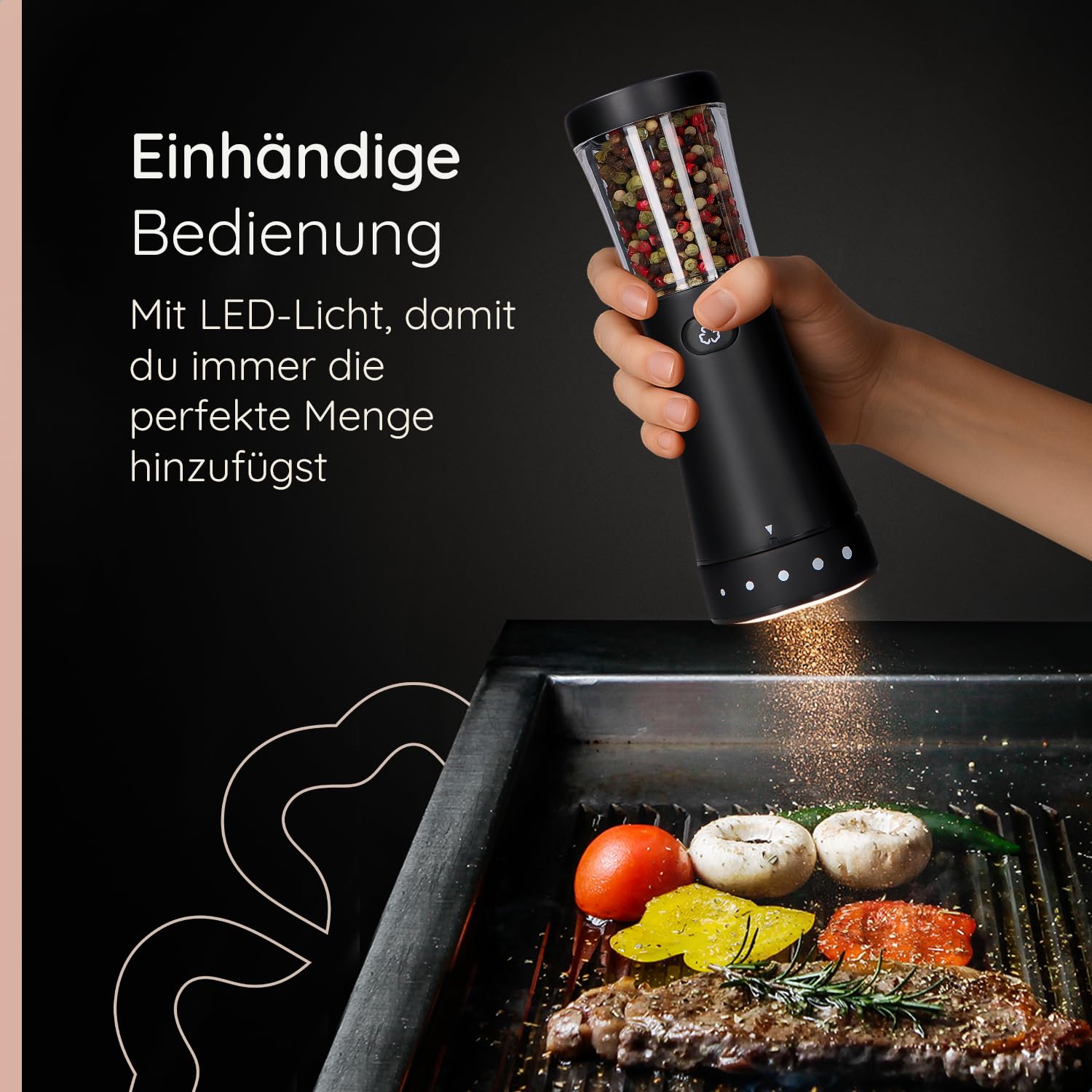 Salz und Pfeffermühle Elektrisch - Gustaro - 130ml - Einstellbarer Mahlgrad - USB-C Aufladbar - LED-Licht - Keramikmahlwerk - Matt Schwarz