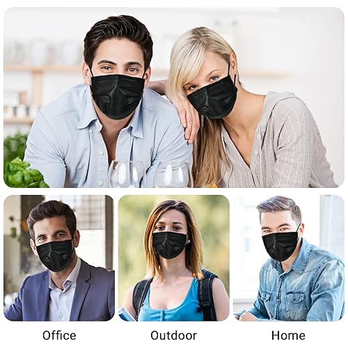 Miniatura 6 de Mascarillas desechables  (50200300600) Paquete de mascarillas protectoras para mujeres y hombres, 3 capas transpirables para adultos (adulto, negro,