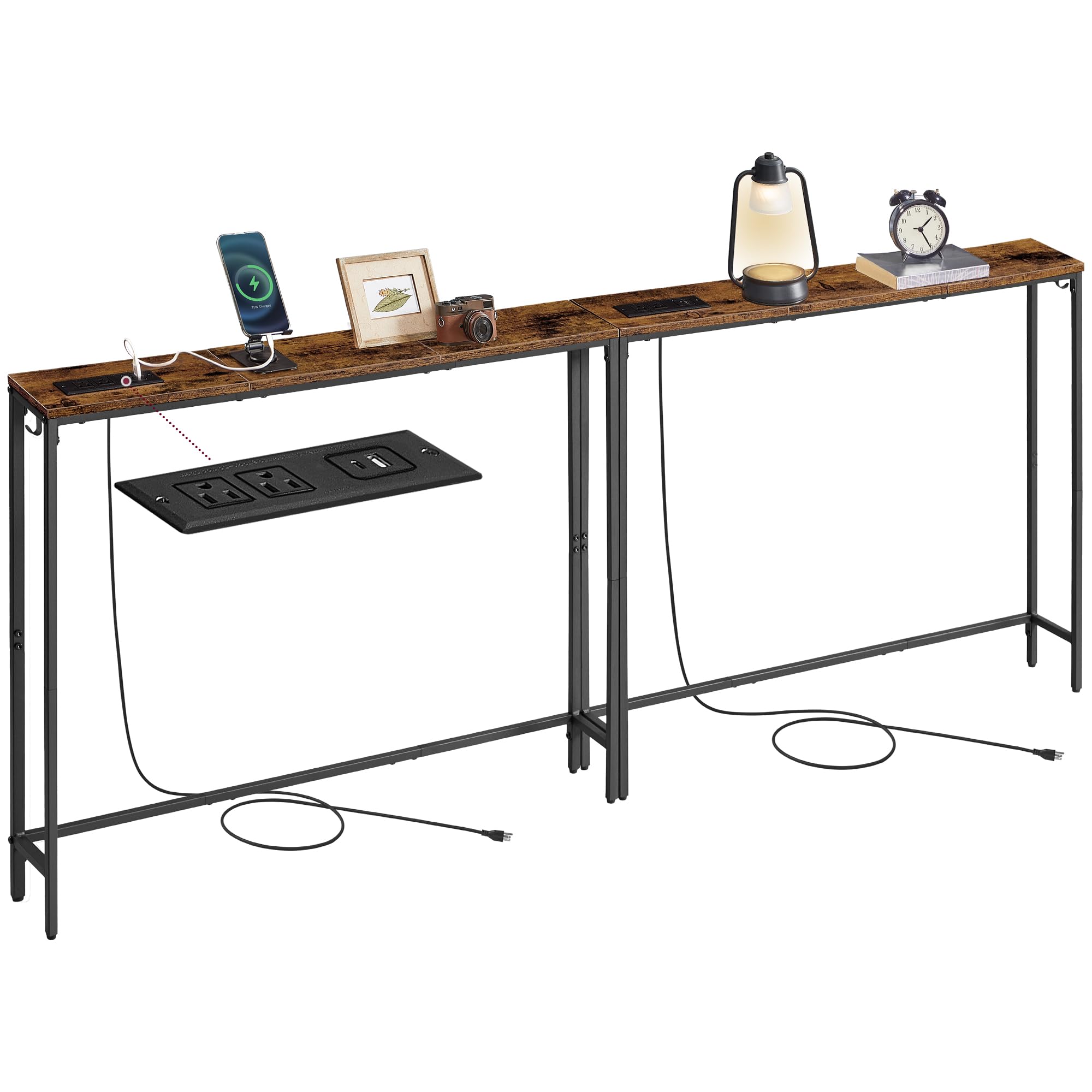 VASAGLE Set of 2 Console Tables with Power Outlets, Slim Behind Couch Sofa Tables, 5.9 x 39.4 x 31.5 Inches, 2 Hooks, Easy Assembly, for Entryway, Living Room, Rustic Brown and Ink Black ULNT078K01