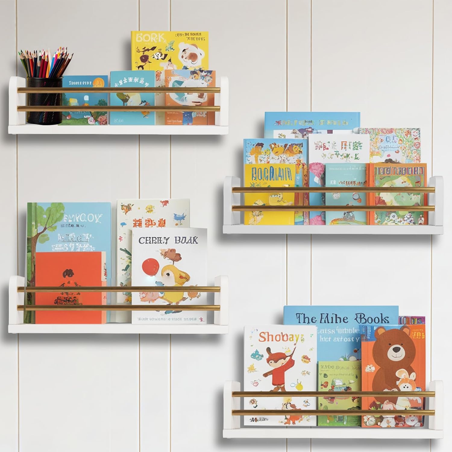 Nursery Wall Book Shelves Set of 4, 16" Solid Pine Wood Floating Book Ledges with Dual Safety Rails, Wall Mounted Kids Bookshelf for Baby & Toddler Books, Toys & Decor, Reversible Install, White/Gold