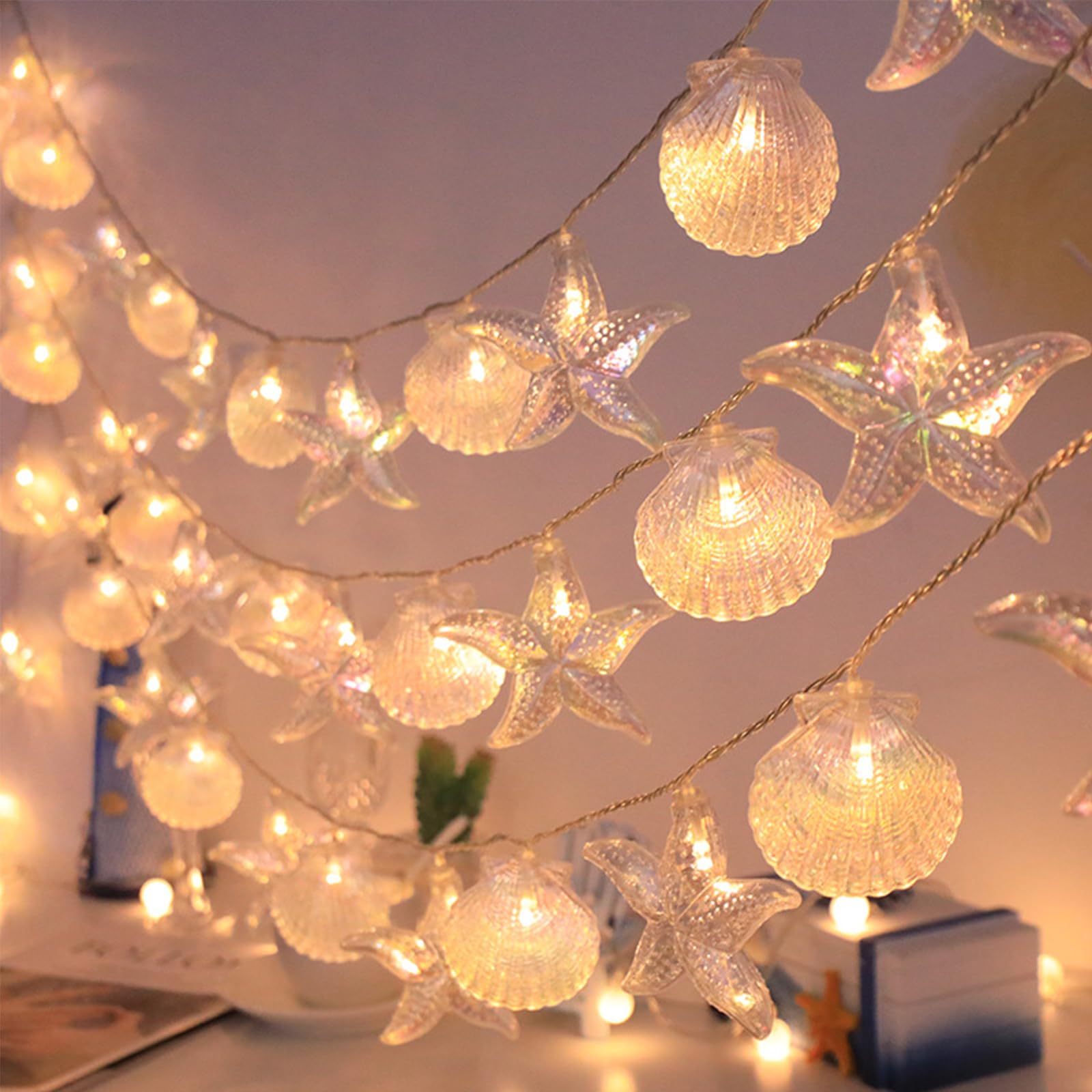 ENLACE Cadena de luces de animales marinos, 1,5 m, 10 ledes, estrella de mar, conchas, cadena de luces para interior y exterior, cadena de luces con temática de vida marítima, para habitación infantil