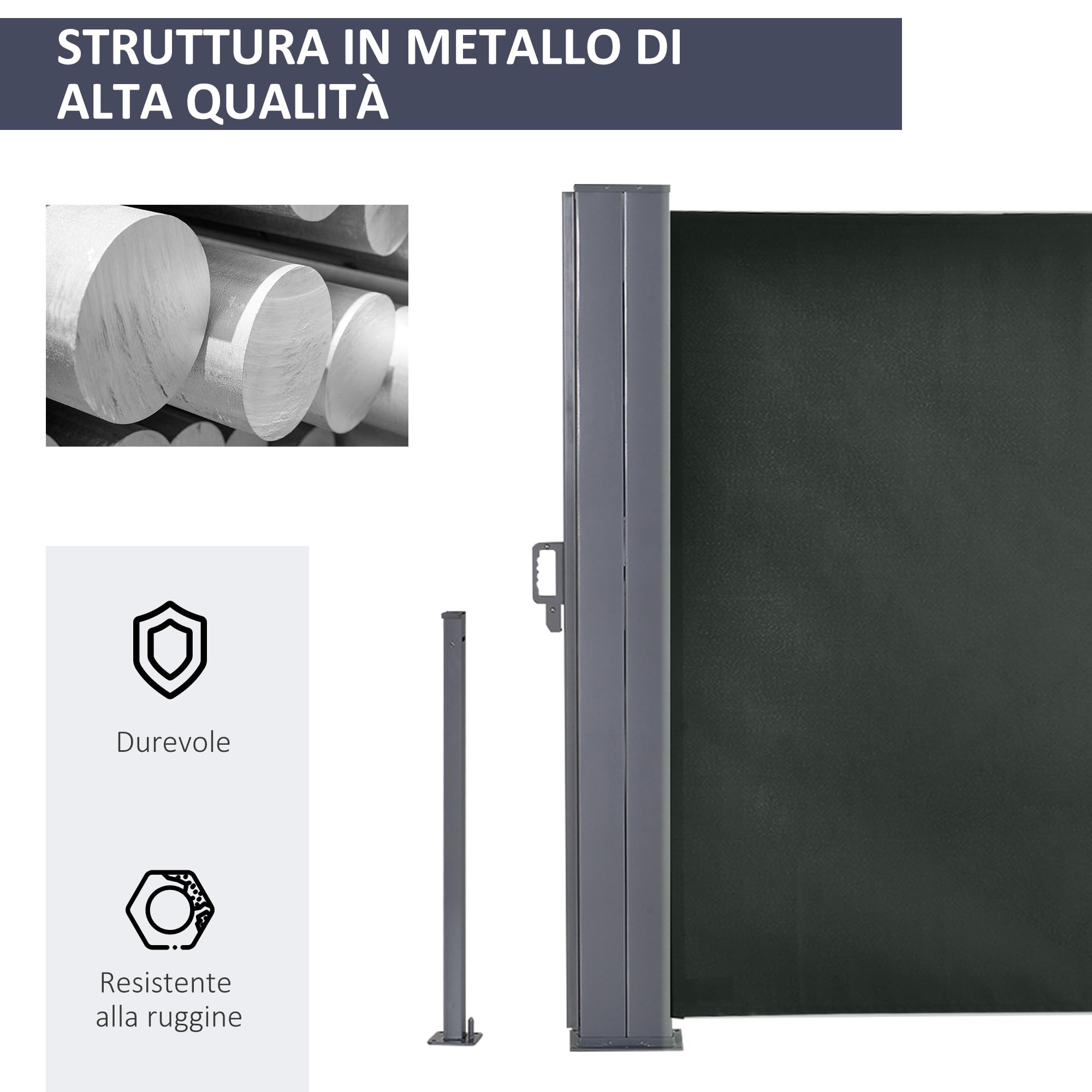 Outsunny Tenda Laterale Retrattile con Maniglia, Frangivista Balcone in Metallo e Poliestere 180 g/m², Anti UV, per Privacy da Esterno, per Balcone Giardino, 600x180 cm, Grigio