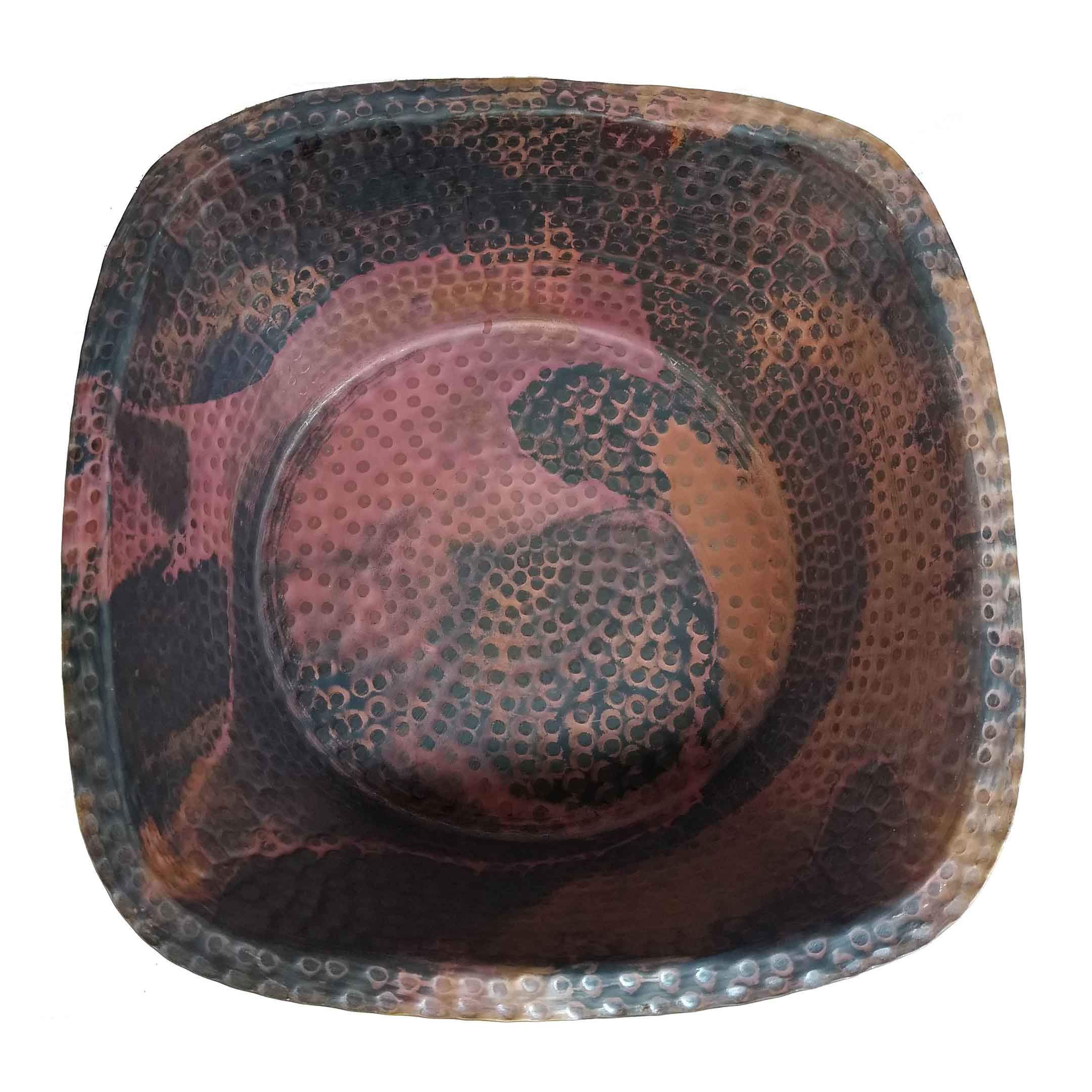 Square Rustic Fire Patina Copper Foot Rub Spa Beauty Salon Massage Pedicure Side Handles Bowl