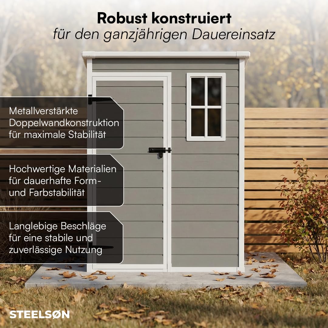 STEELSØN Novara Gerätehaus – Gartenschuppen mit Pultdach & Fenster – Gartenhaus 192x92x151 cm (HxTxB) – Geräteschuppen aus Kunststoff in Grau – Gartenhütte wetterfest & rostfrei – Schuppen