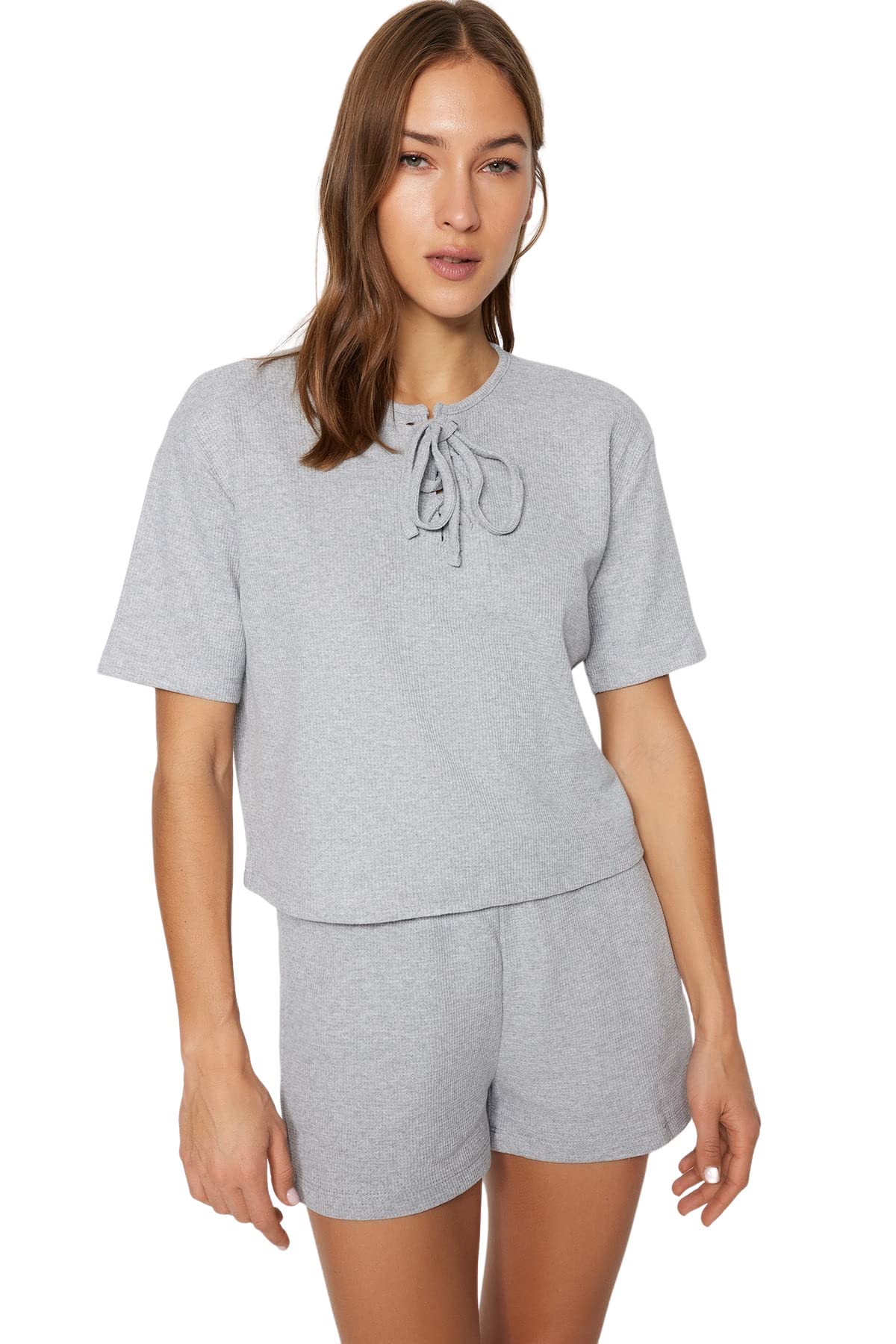 Trendyol Women's Grey Feman Loungewear Regular Fit Basic Crew Neck Knit Blouse