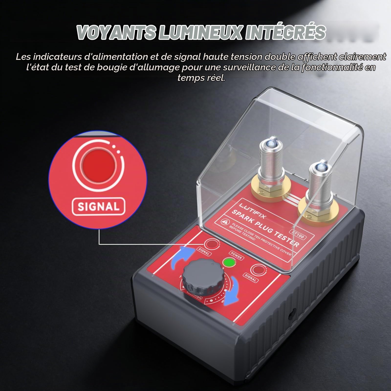 MRCARTOOL Testeur de Bougie d'allumage de Voiture Outils d'allumage à Deux Trous 500-6000 tr/min Outil de Diagnostic D'analyseur de Bougie avec Couvercle de Protection pour Véhicules 12V