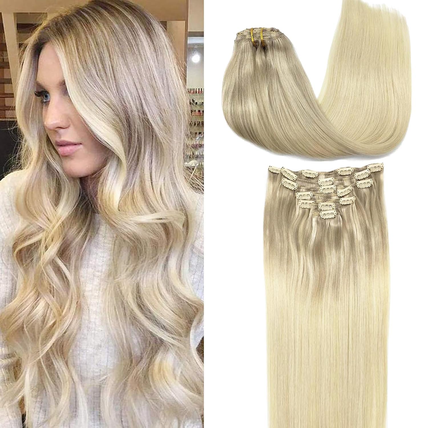 GOO GOO Clip in Hair Extensions Real Human Hair, Remy Human Hair Extensions Clip ins for Women, Natural Human Hair, 24 Inch 170g 7Pcs, 17/22/60 Balayage Ash Blonde to Golden Blonde and Platinum Blonde