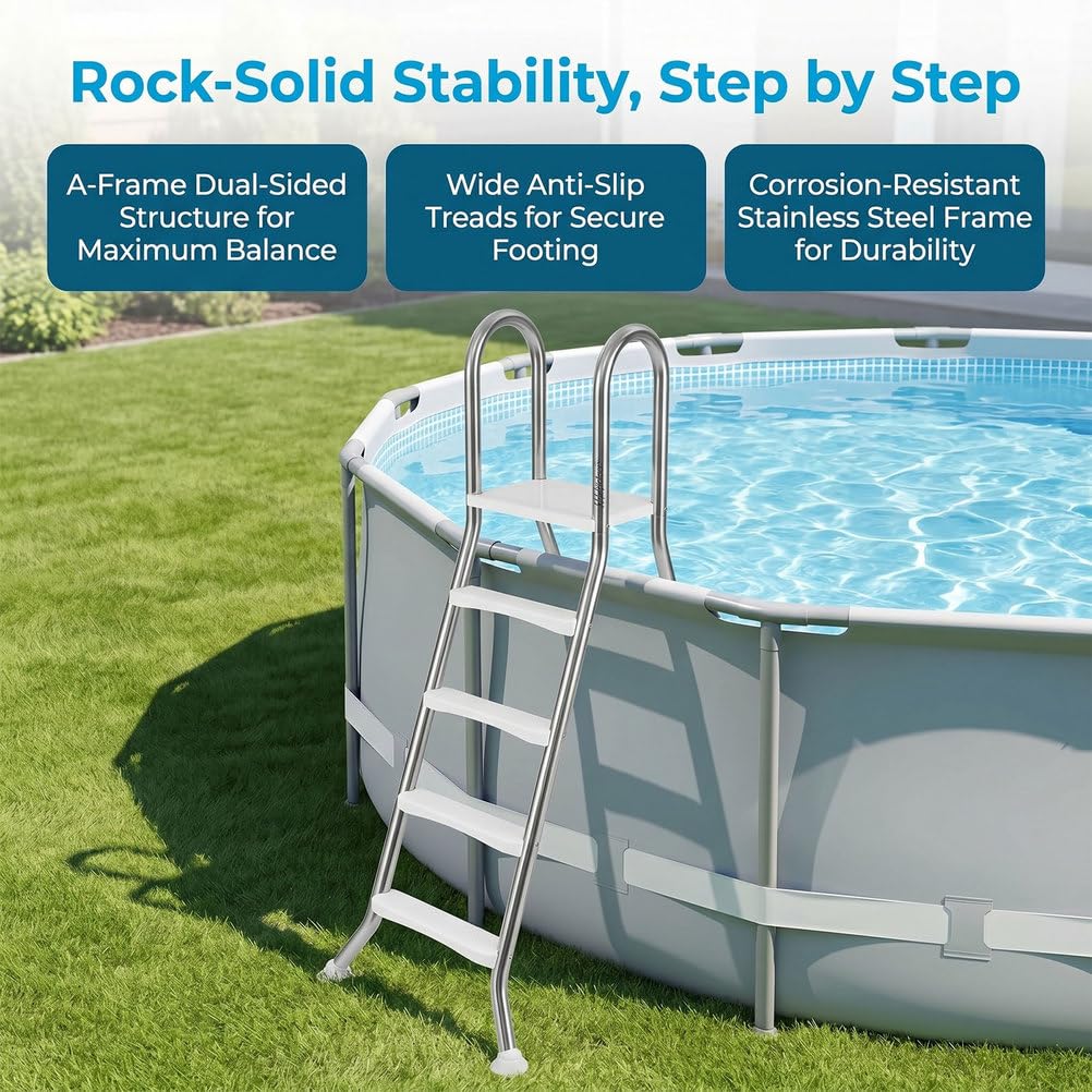 Scala per Piscina Fuori Terra 142 cm 4 gradini, Struttura in Acciaio Inossidabile 304, Scala per Ingresso e Uscita dalla Piscina, gradini in Metallo Antiscivolo a Forma di A, argentati