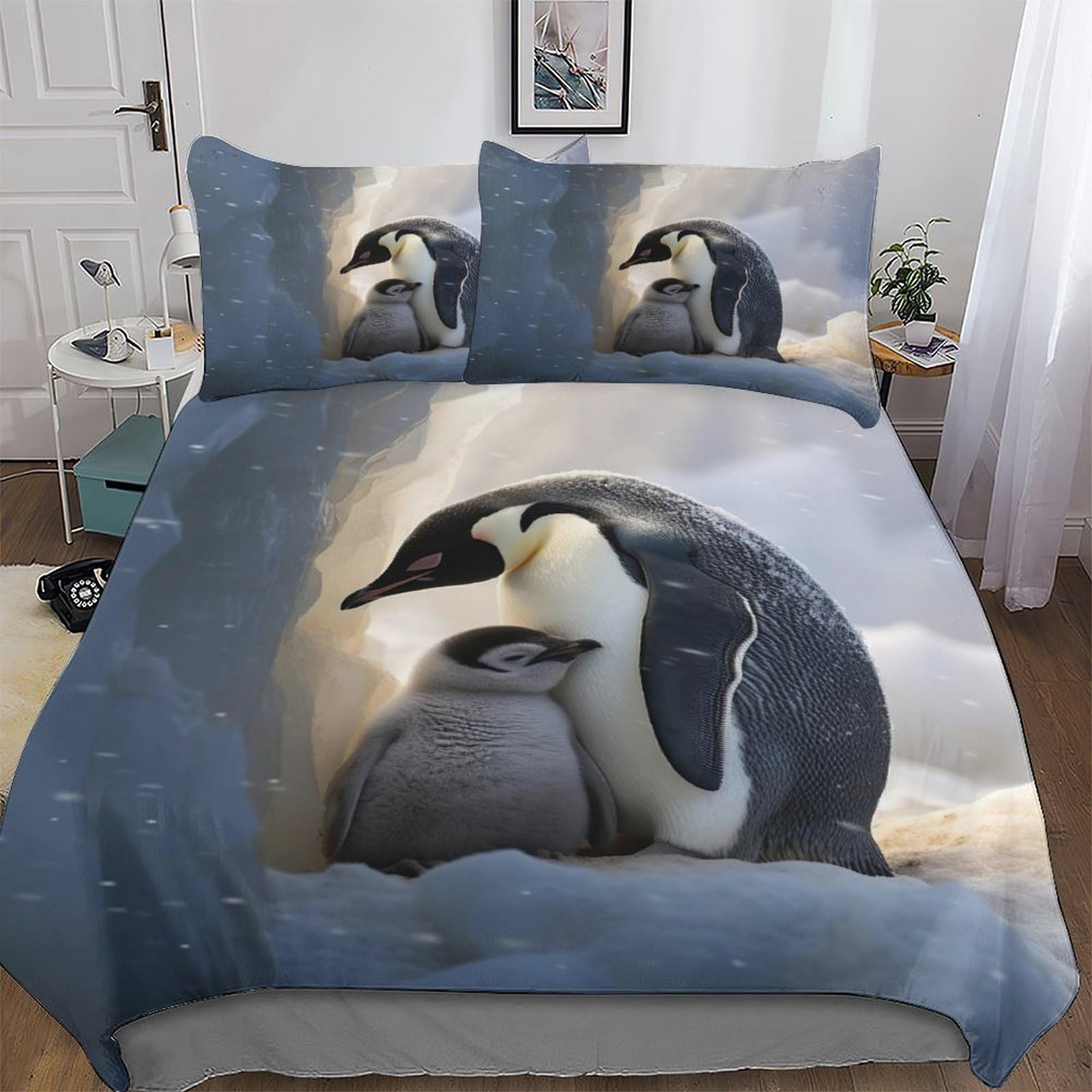Pazzk Boys Animal Penguin Duvet Cover Set Microfibre Soft Quilt Covers 2 Pieces Hotel Quality Bedding Comforter Cover With Pillowcase For Girls And Teenagers Single (135X200cm)