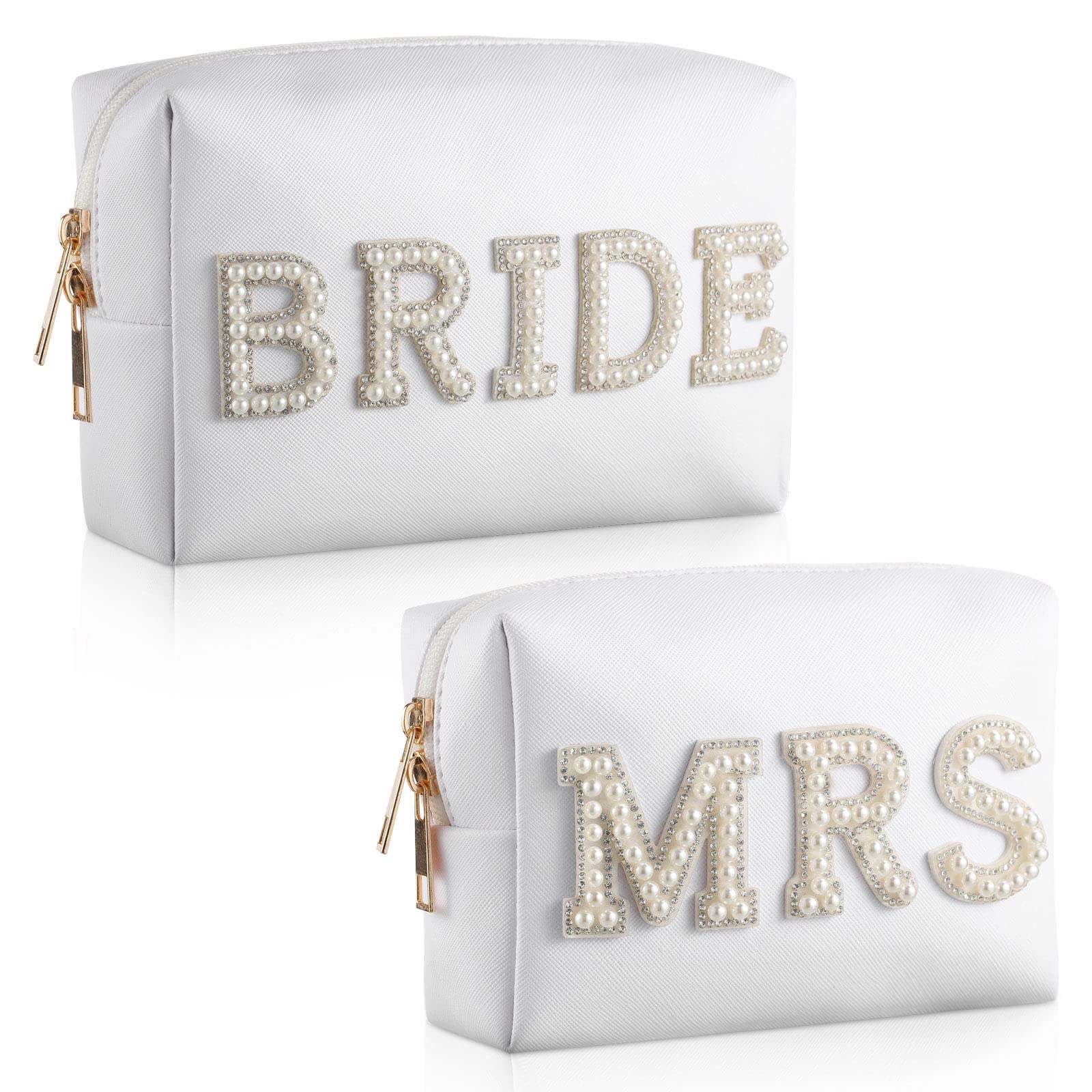 Sotiff 2 Pcs Bride Cosmetic Bags Bride and Mrs Letter Patch Makeup Bag with Pearl Rhinestone White Bride Travel Toiletry Bags PU Leather Waterproof Portable Purse for Wedding Party Bridal Shower