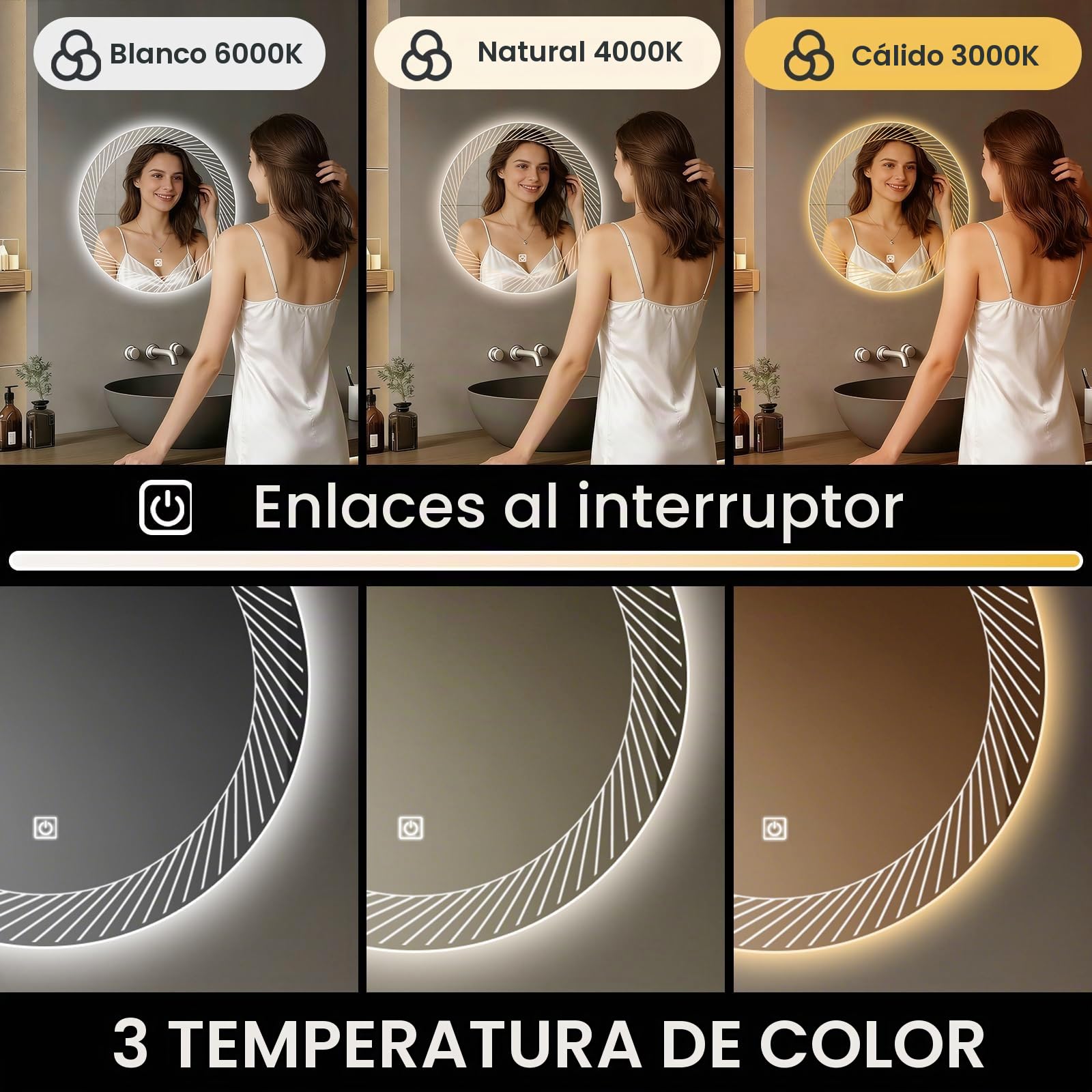 Espejo de Pared para Baño con Iluminación - 50 x 50 cm (An x Al)