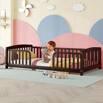 Twin Size Floor Bed with Rails, Montessori Floor Bed Twin with Central Entrance, Pine Wood Kids Floor Bed Frame with Guardrails, Low Profile Fence Bed for Children, No Box Spring Needed, Espresso