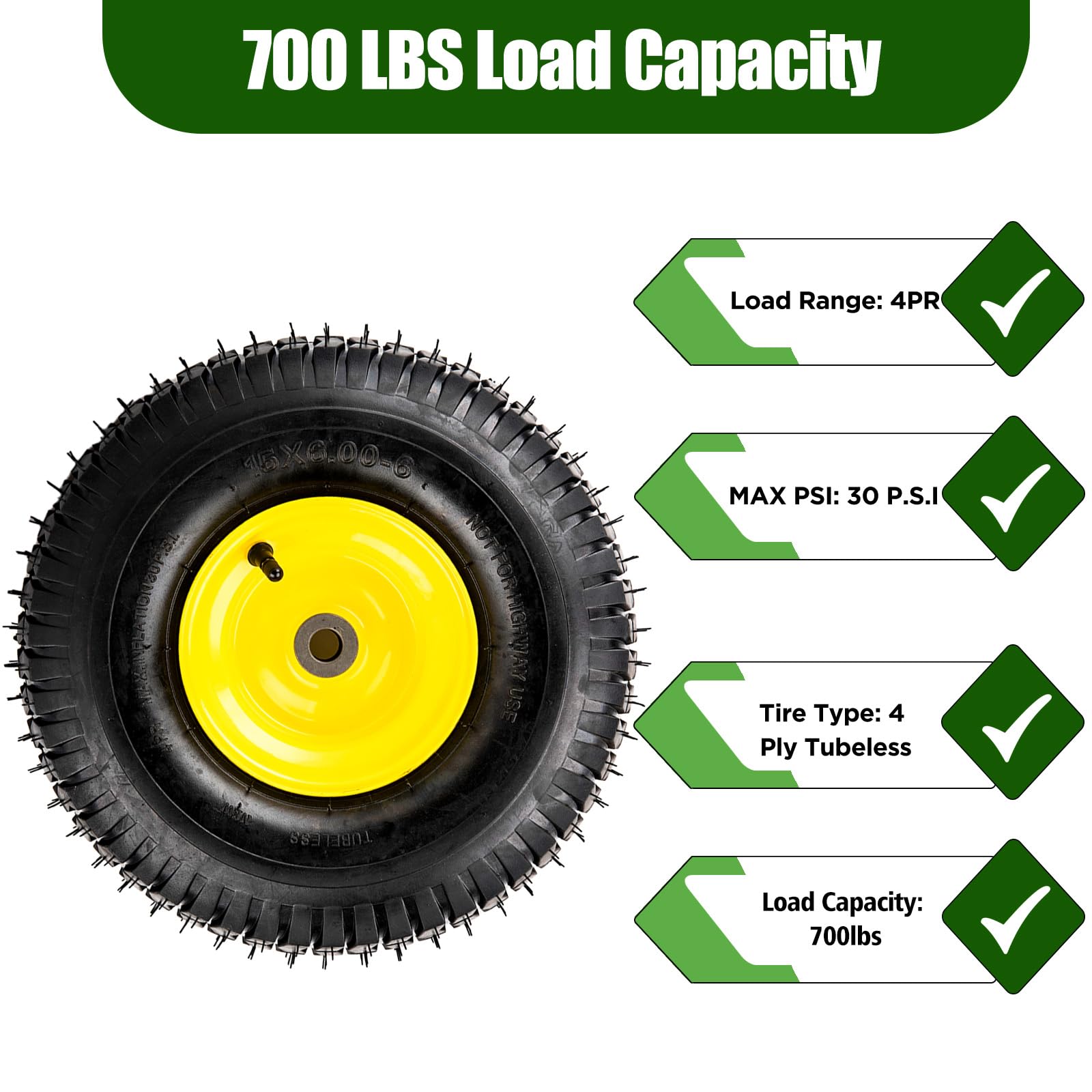 Neumáticos para cortacésped de 15 x 6.00-6 nhs, paquete de 2 neumáticos delanteros sin cámara de 4 capas de 15 x 6-6 con montaje de rueda para cortacésped John Deere, cubo de desplazamiento de 3