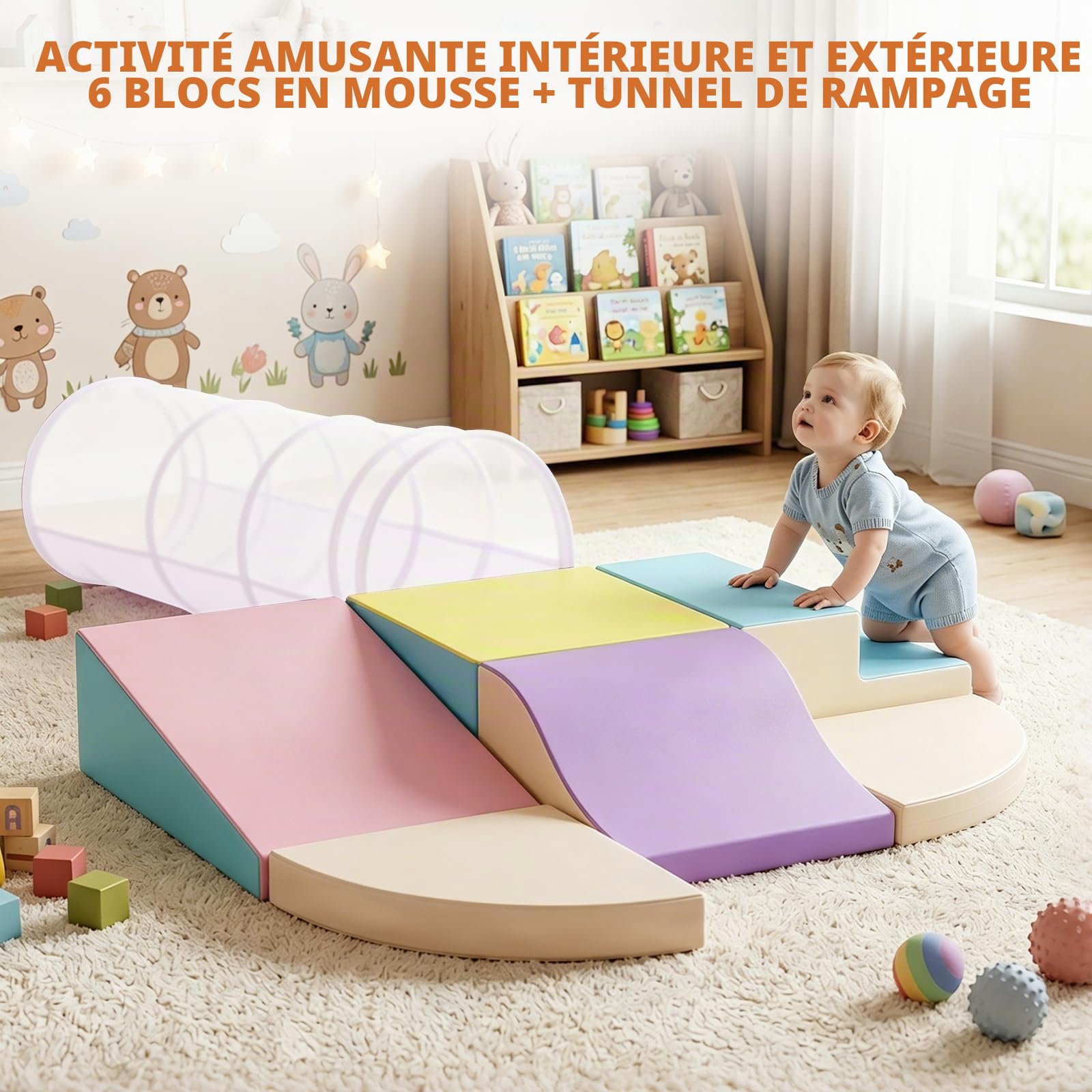 Parcours motricité bébé,6 Pièces Module Motricité Enfant Cuir PU Blocs Mousse Éducatifs - EPE Jouets Descalade Bébé Structure d'escalade Antidérapante (Macarons)