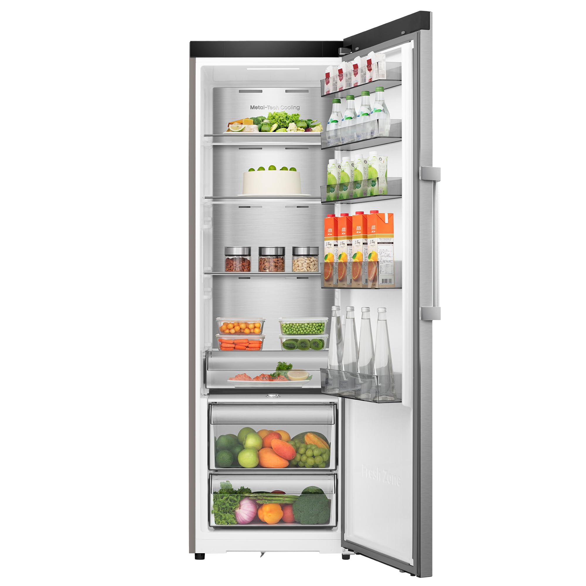 Hisense RL3K370SAIE1 - Frigorífico Una Puerta Total No Frost Kitchen Fit, 372L, 186cm, Ventilación Inferior, Apertura de Puerta 90º, Metal-Tech Cooling, Tirador de Apertura Fácil, WiFi, Inox