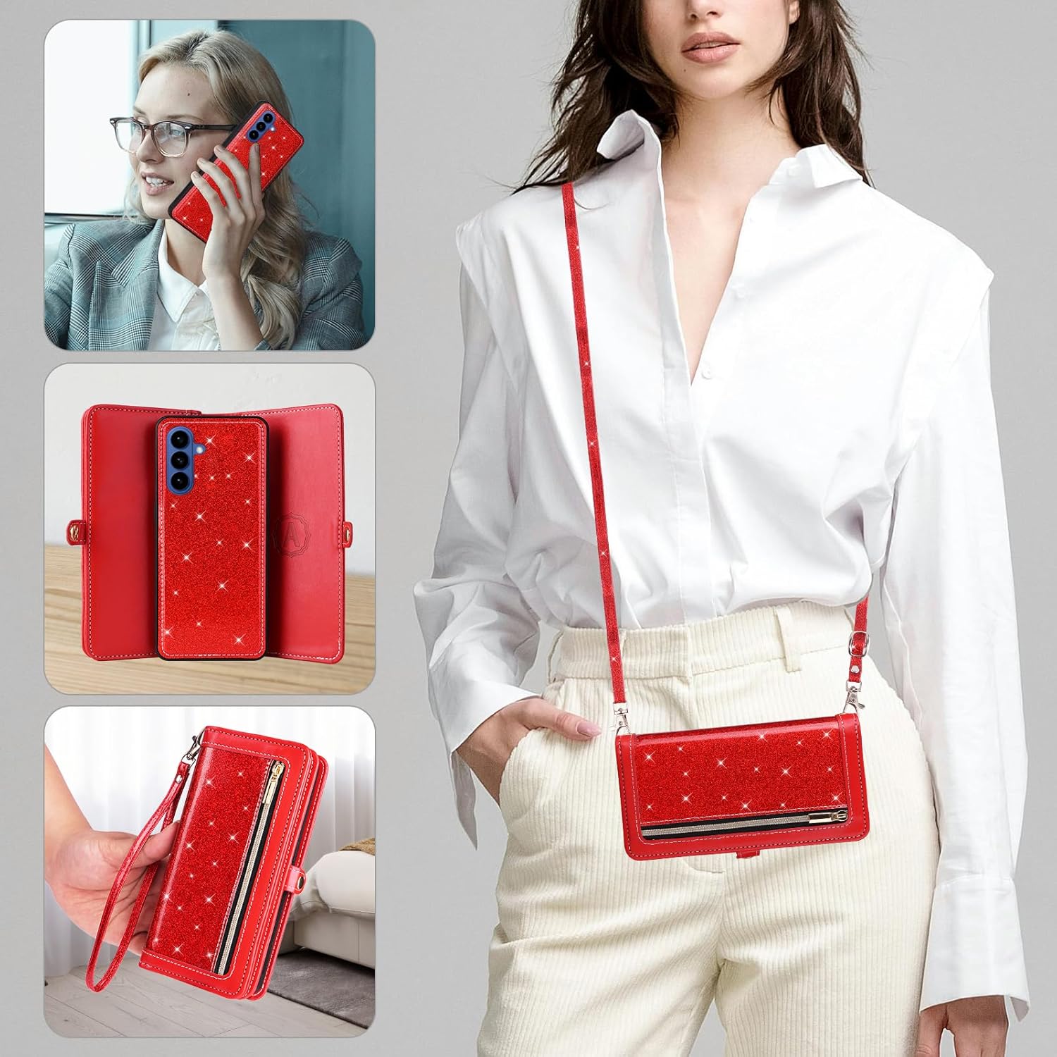 Asuwish Phone Case for Samsung Galaxy S26 5G Zipper Wallet Detachable Cell Cover with Screen Protector Crossbody Lanyard Strap Bling Glitter Flip Card Holder Slot S 26 26S G5 Women Men Girls Red