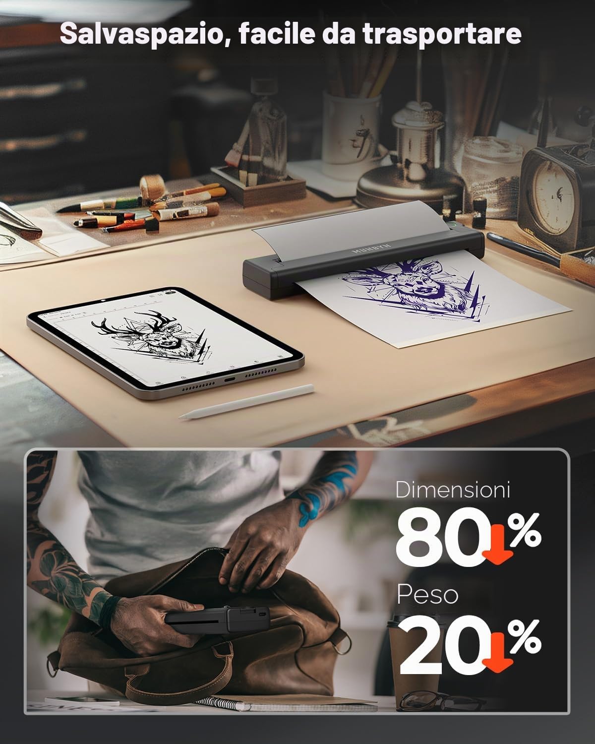 MUNBYN ITP05 Stampante Termica Tattoo Bluetooth 2600 mAh, 20 Fogli Carta Transfer, Nero