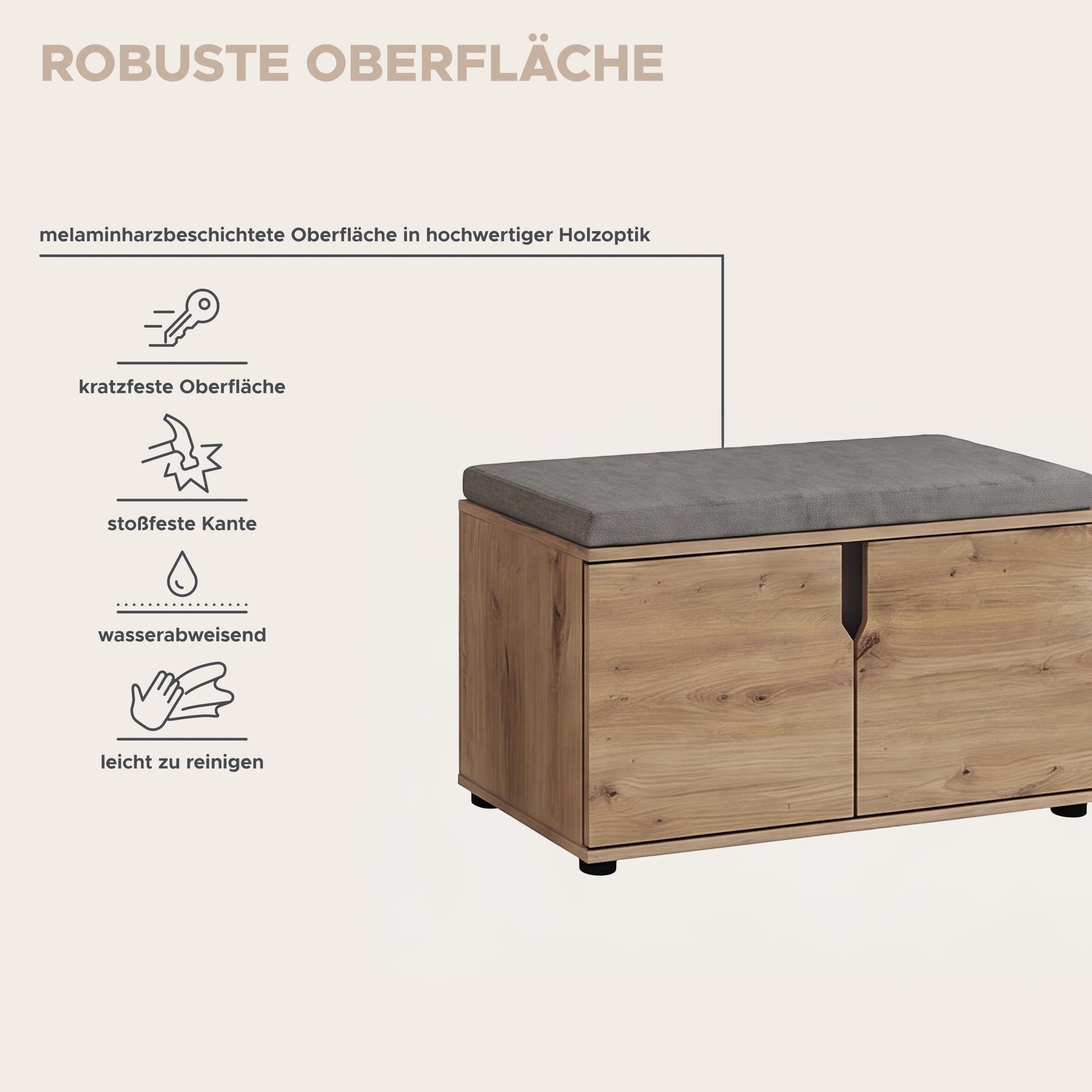 xonox.home - Keno Artisan - Armadio combinato da 2 pezzi, rovere melammina | Composto da pannello appendiabiti, panca con cuscino per cuscini, molto spazio per il corridoio ordinato