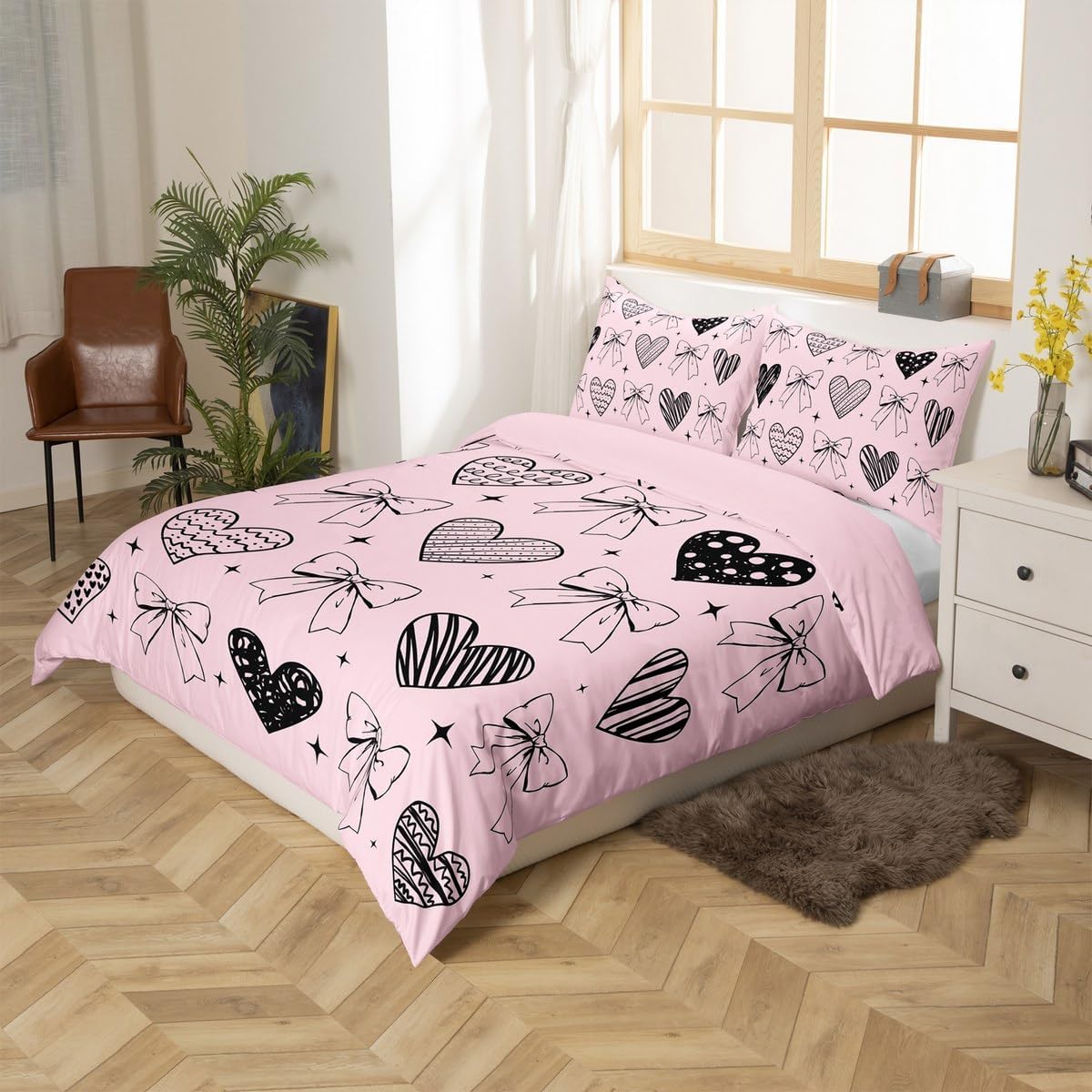 Bow Hearts Print Duvet Cover Toddler Size for Kids Teens,Kids Hand Drawn Graffiti 2 Pieces Duvet Cover,Cute Bow Princess Style Soft Comforter Cover (Not Comforter),Dreamy Girls Pink Quilt Cover