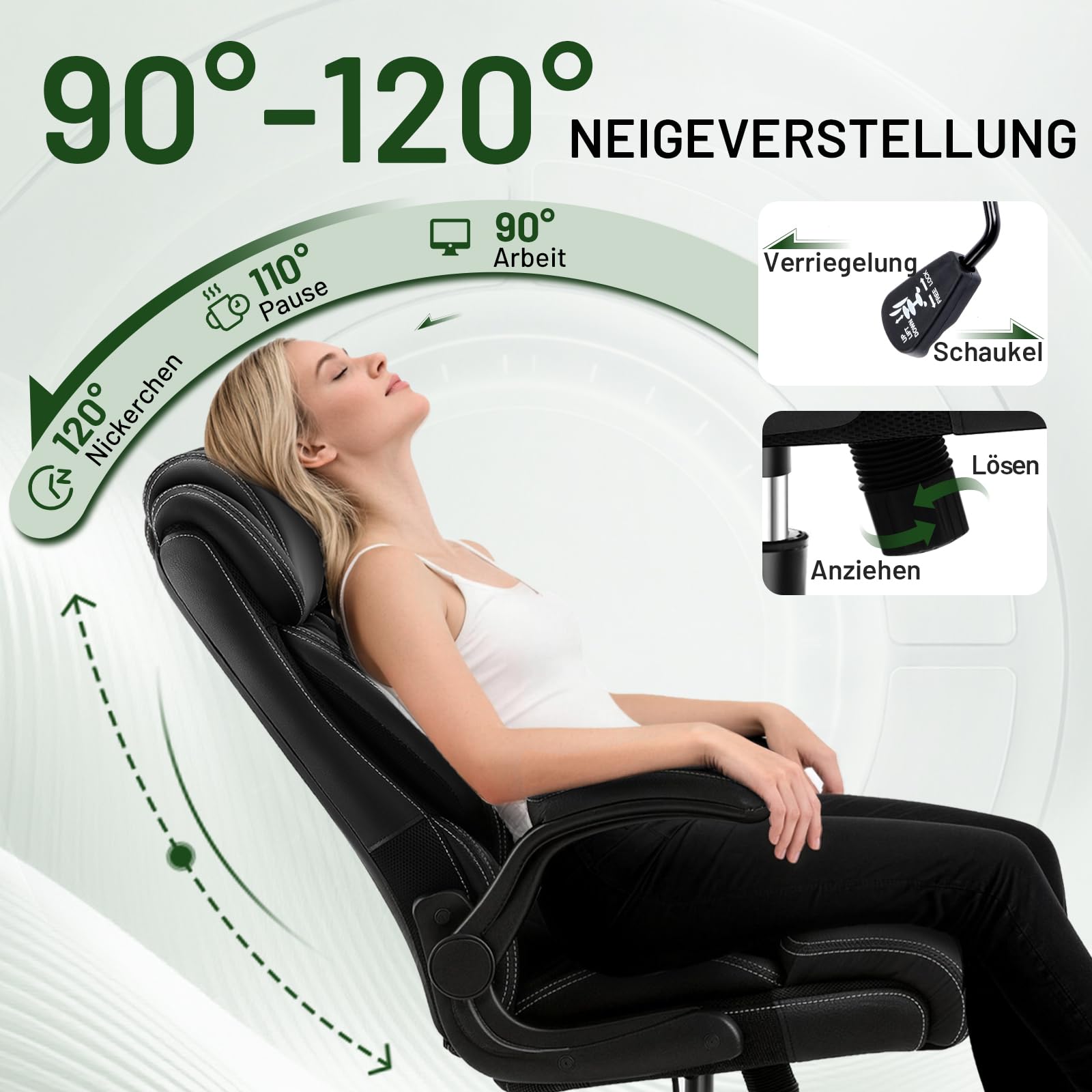 Chefsessel bis 200 kg, Bürostuhl Ergonomisch aus Kunstleder mit Verstellbaren Armlehnen und Rollen, Drehstuhl mit Hoher Rückenlehne – CompuetrStuhl für Büro und Homeoffice, Schwarz