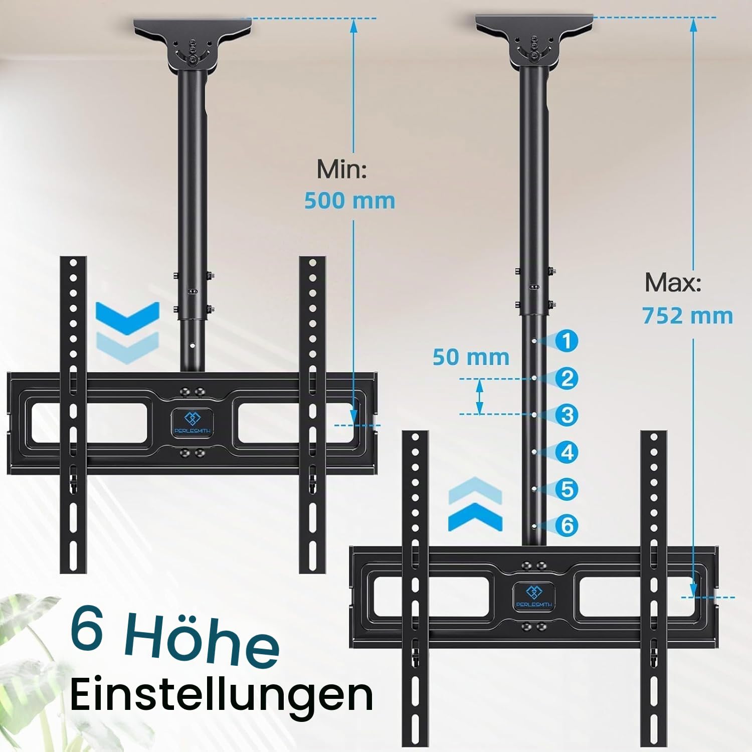 PERLESMITH TV-Deckenhalterung – TV-Halterung neigbar und schwenkbar, verstellbar für Bildschirme von 26 bis 65 Zoll – Dachhalterung Full-Motion trägt 50 kg mit VESA 400 x 400 mm