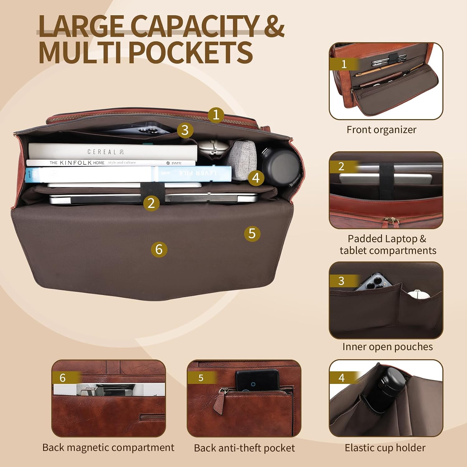 ESTARER Men's Leather Briefcase 17.3 Inch Laptop Messenger Bag for Office/Business/Travel, Professional Leather Computer Shoulder Bag, Brown image 4