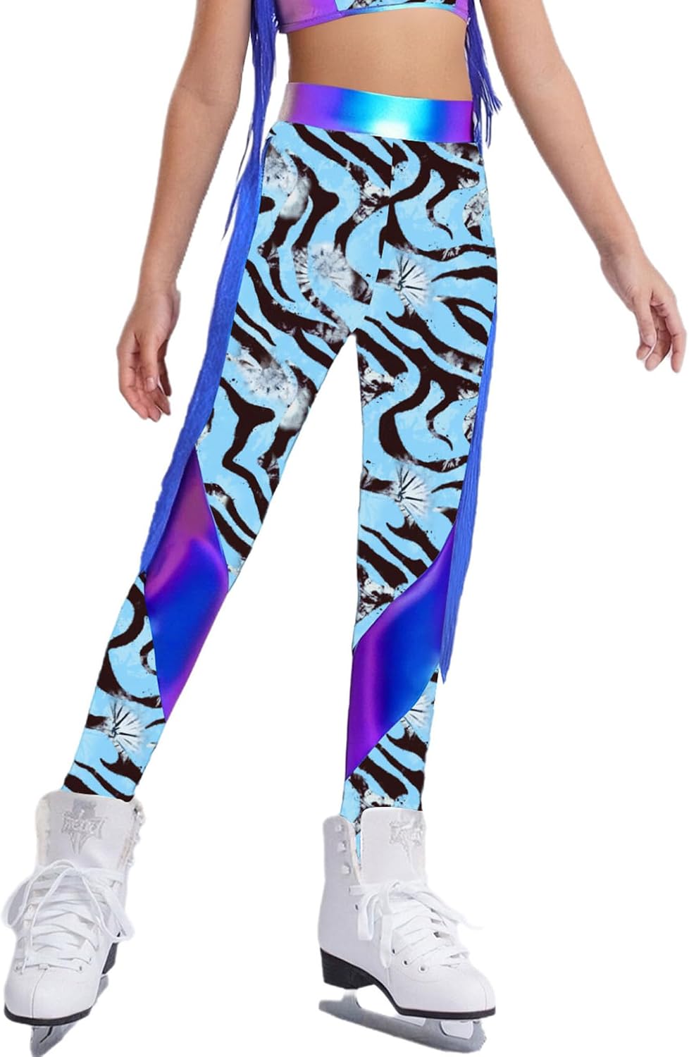 TiaoBug Kids Girls Shiny Metallic Zebra Tassle Leggings Dance Gymnastics Sparkle Performance Tights