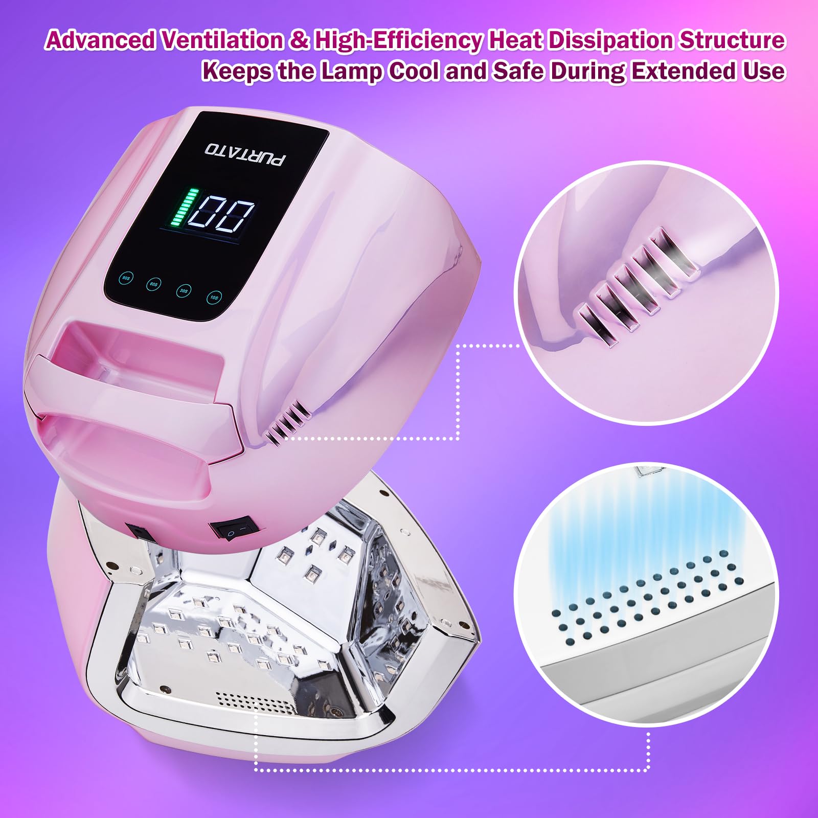 Purtato Luz UV LED recargable profesional de 96 W portátil inalámbrica para máquina de lámpara de uñas con parte inferior de acero inoxidable extraíble, 4 ajustes de temporizador y secador de uñas con