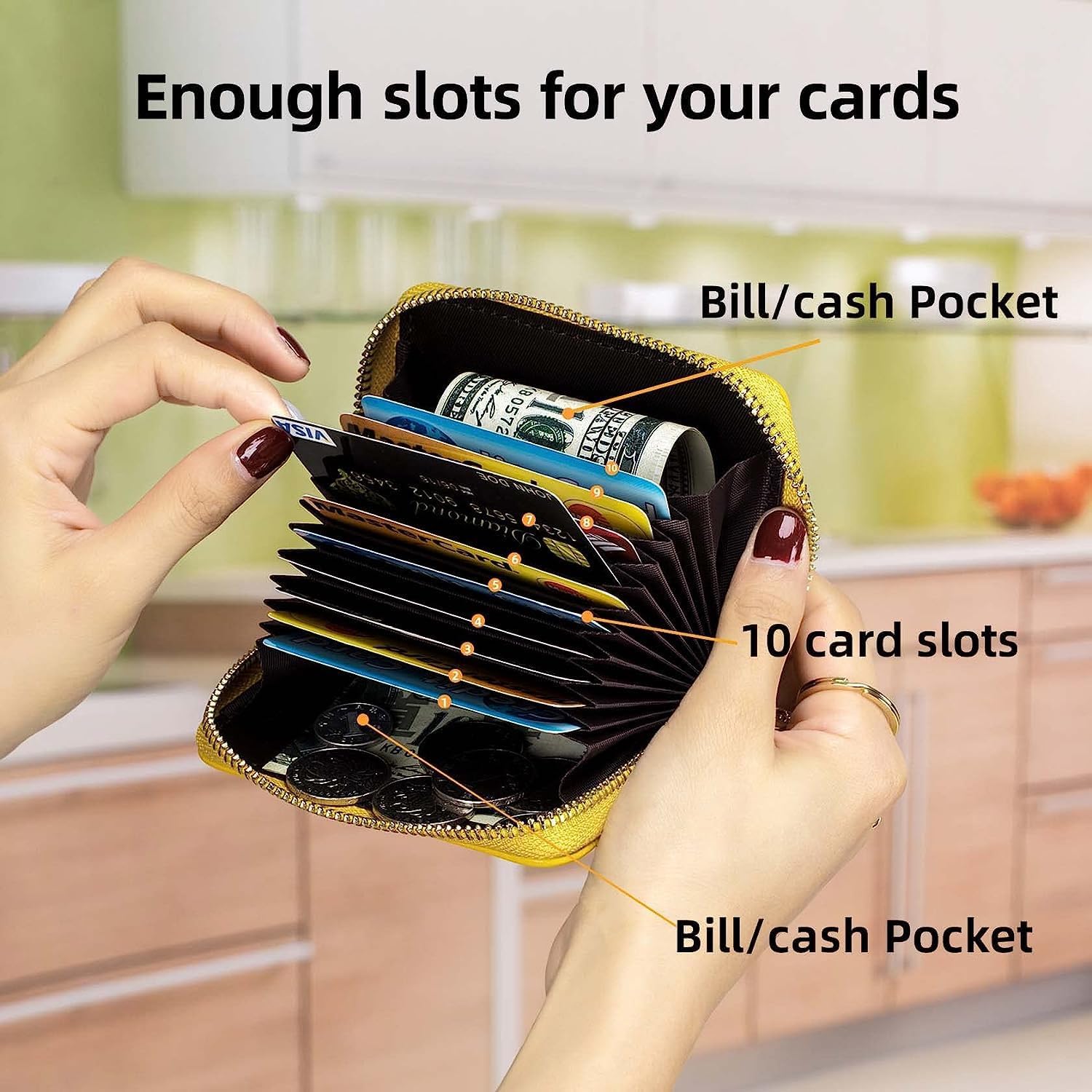 Tapp Collections RFID Credit Card Holder, Small Leather Zipper Card Case Wallet with ID Window & Detachable Keychain - Grass Green - Image 5