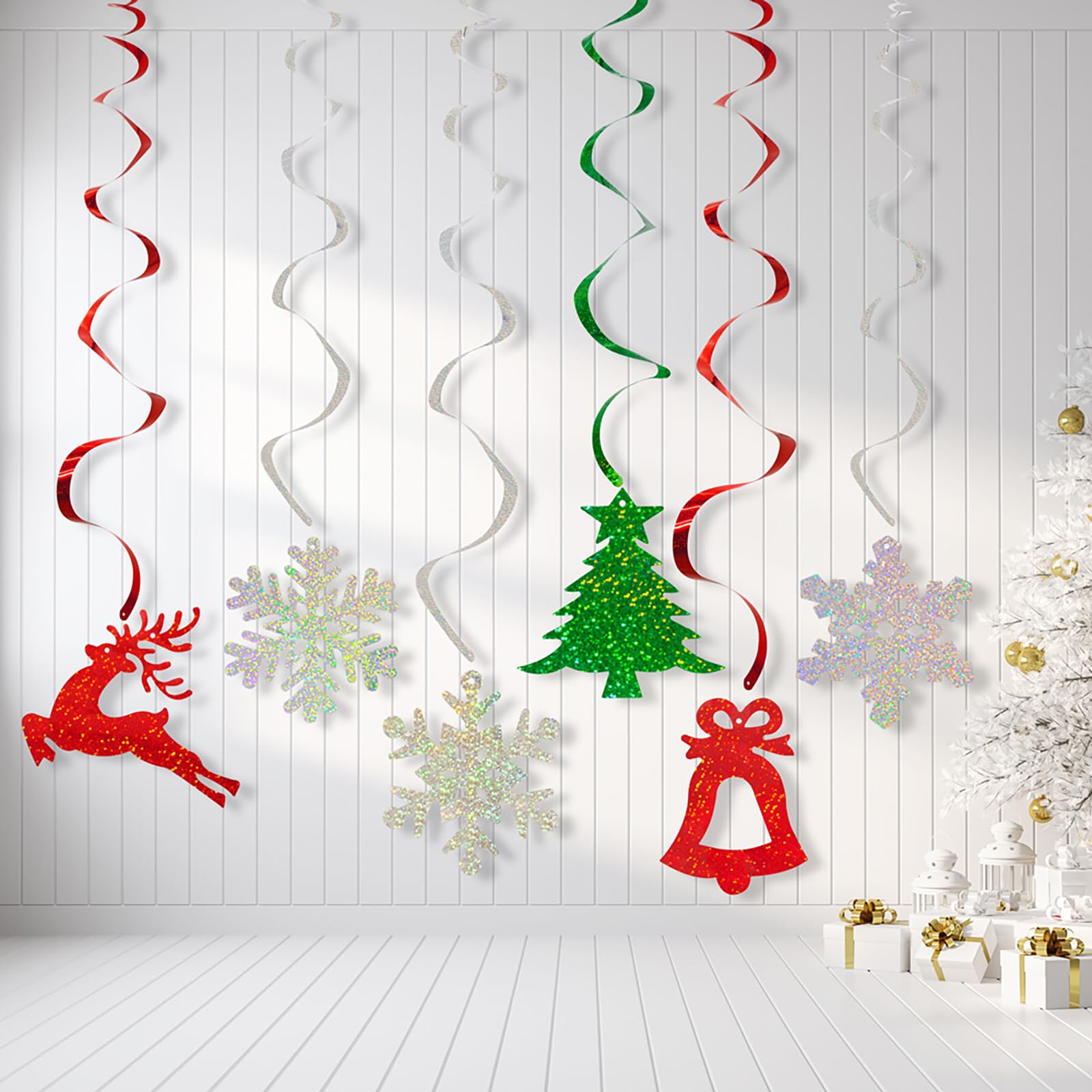 Generic Merry Christmas hanging decorations, 36Pcs Hanging Ceiling Swirls Christmas Reindeer Christmas Tree Snowflake Ugly Sweater Swirls for Xmas Holiday Party Decorations (A - 36Pcs Christmas Tree)