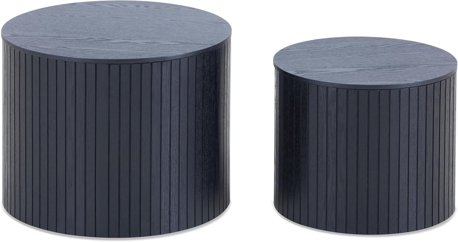 19.17'' Black Round Coffee Table with Storage Nesting Coffee Table Set of 2 Wooden Modern Circle Table Small Accent End Side Table for Small Space Living Room Bedroom