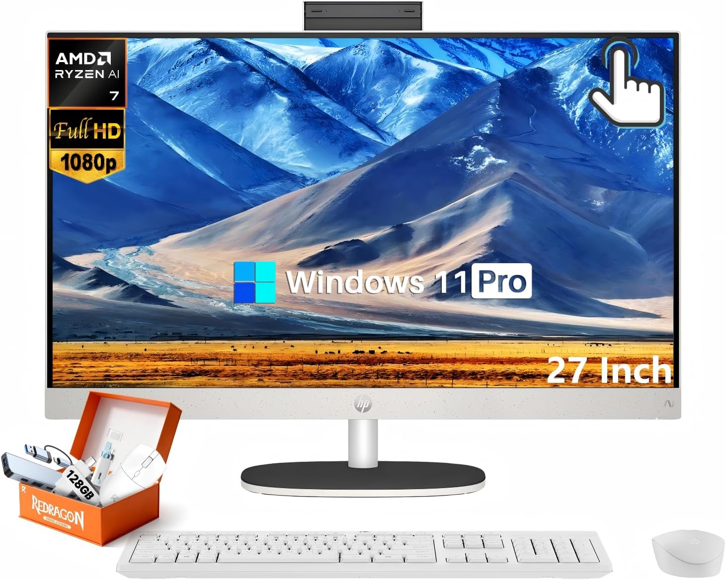 HP All-in-One Desktop Computer 27 Inch Touchscreen, AMD Ryzen AI 7 350 w/50 NPU Tops, 32 GB DDR5, 2 TB SSD, FHD IPS Display, Copilot+ PC, Wi-Fi 6, BT 5.4, FHD Cam, Windows 11 Pro, Wireless KB & Mouse