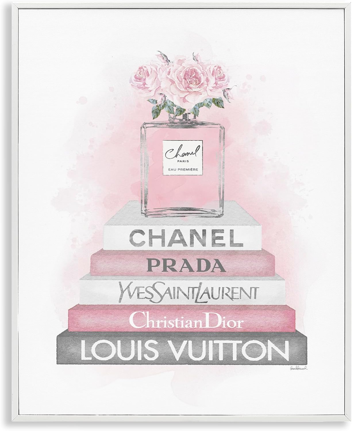 Stupell Industries 'Pink Roses Perfume Bottle Glam Fashion Bookstack', Framed Giclee Art, White, 11 x 14 Inches, Easy to Hang and Sturdy, Made in USA, by Amanda Greenwood