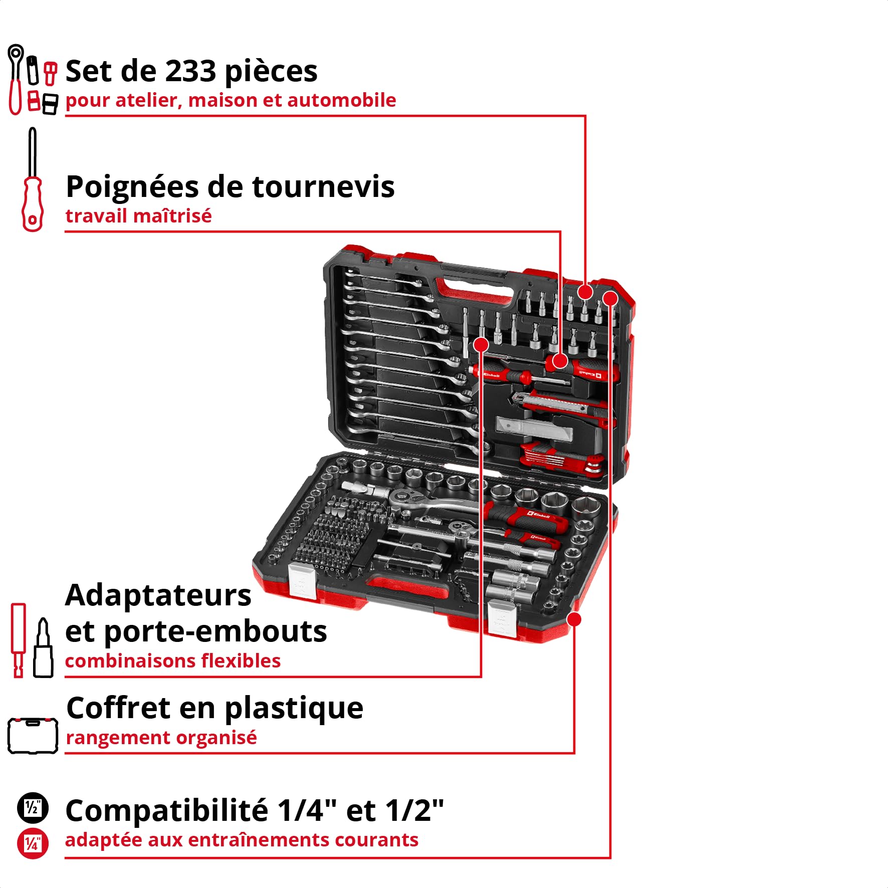 Einhell 233 pièces coffret à outils de mécanicien | Cliquets | clés mixtes | jeu d'embouts | douilles | rallonges | adaptateurs | clés mâles