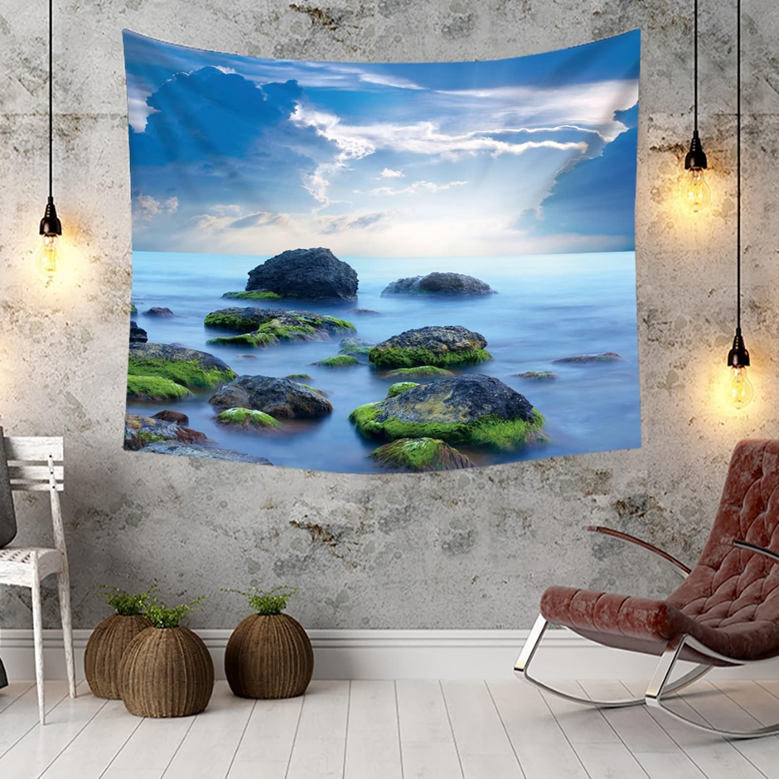 Gualiy Wandtuch Schlafzimmer 240x220cm, Wandbehang Stein Meer Himmel Szenerie Wandbehang für Schlafzimmer Wohnheim Dekor, Blau Grün