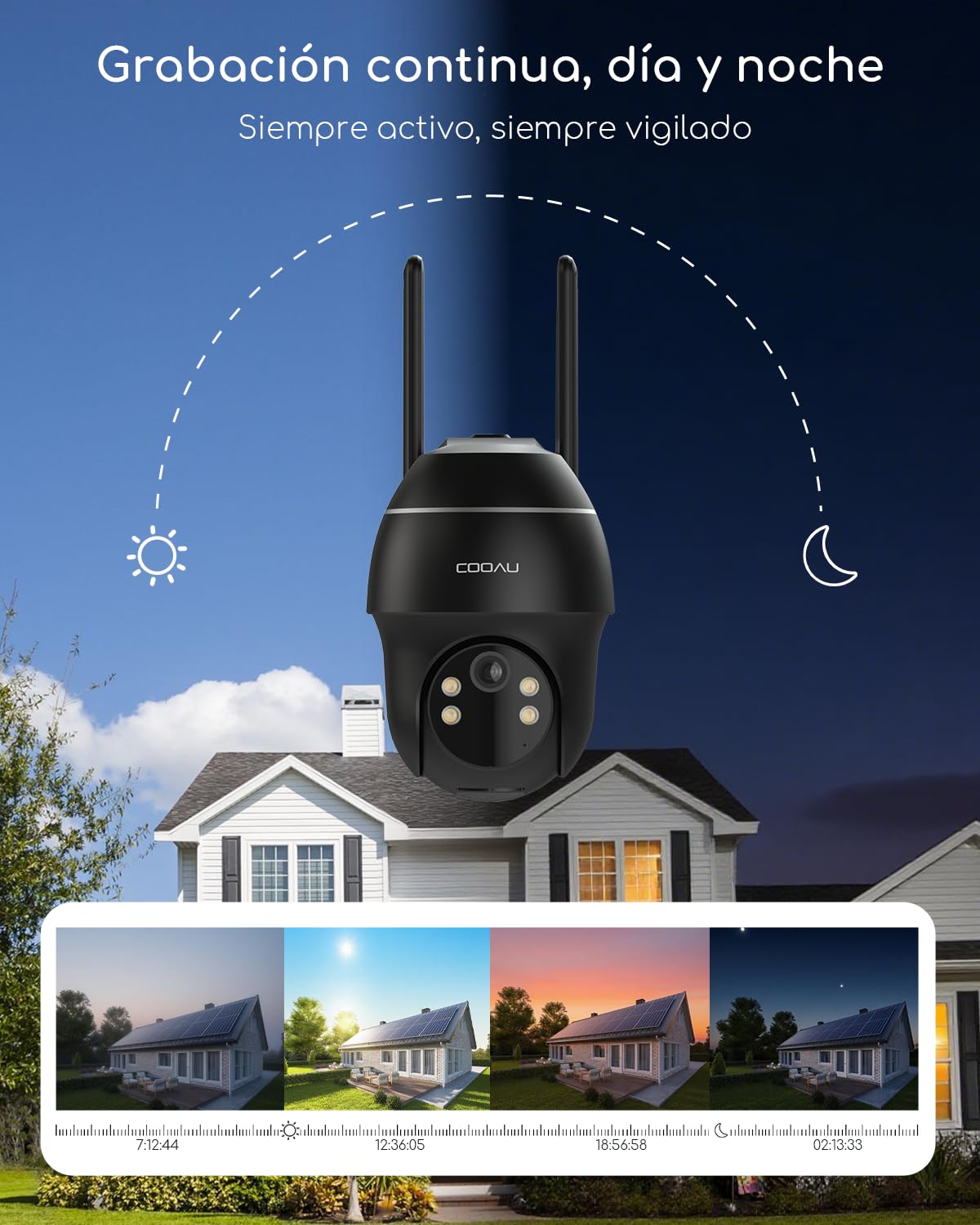 COOAU Grabación 24/7, 4G AOV Cámara Vigilancia Exterior Solar, con Panel Solar sin Cables, 360° PTZ, Detección de IA, Seguimiento de Personas y Visión Nocturna de 30 Metros, Incluye eSIM