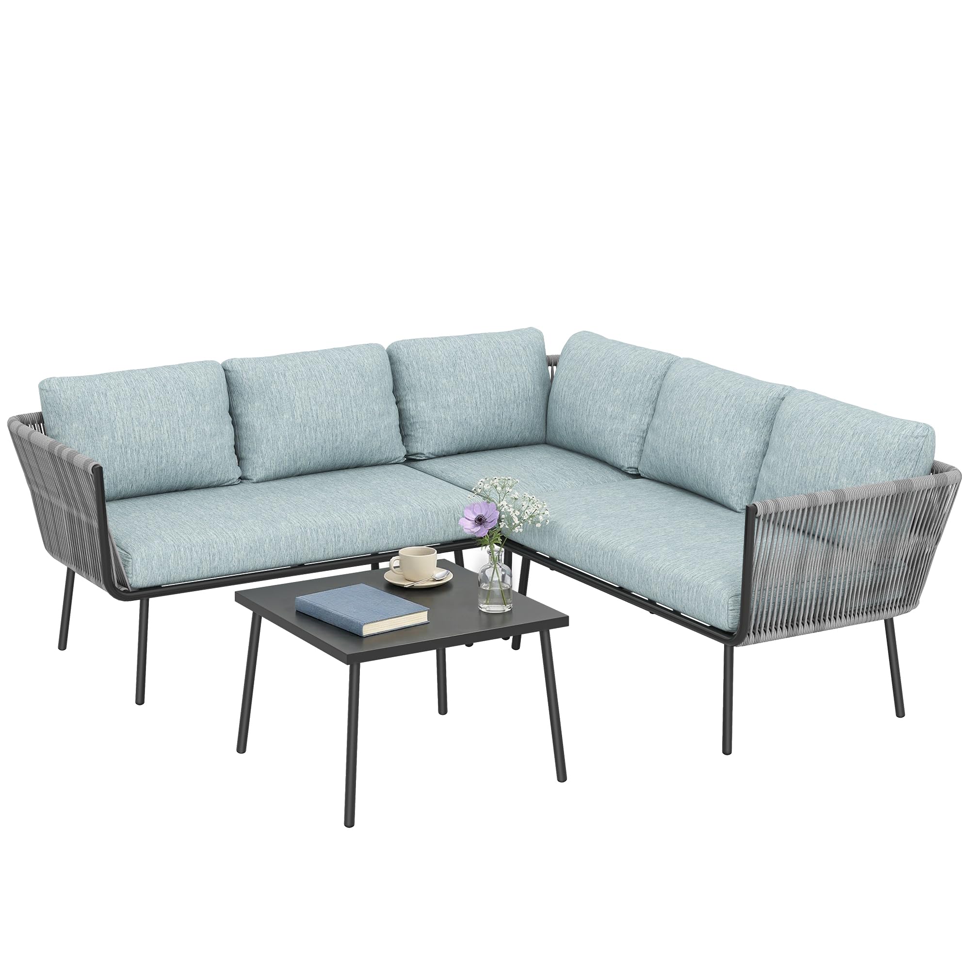 Outsunny Conjunto de Muebles de Ratán 4 Piezas con Marco de Aluminio Set de Muebles de Jardín 2 Sofá de 2 Plazas Sofá de Esquina Mesa de Centro con 6 Cojines Acolchados para Exterior Patio Azul Claro