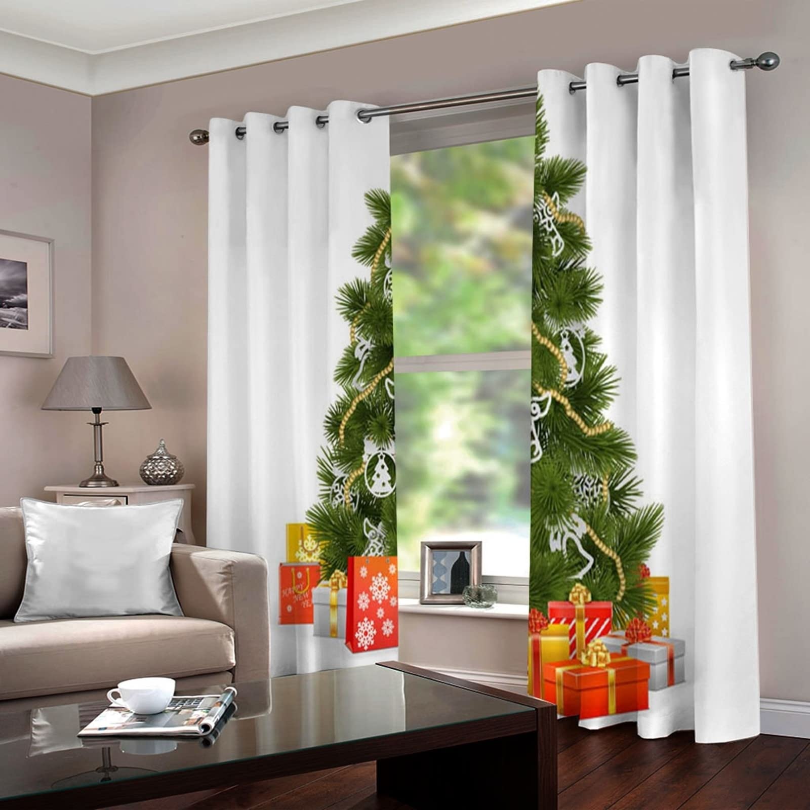 AmDxD Cortinas Habitacion Juvenil Blanco Verde Rojo, Cortinas Habitacion Juvenil Niña Poliéster Árbol De Navidad Y Regalos 214x244cm