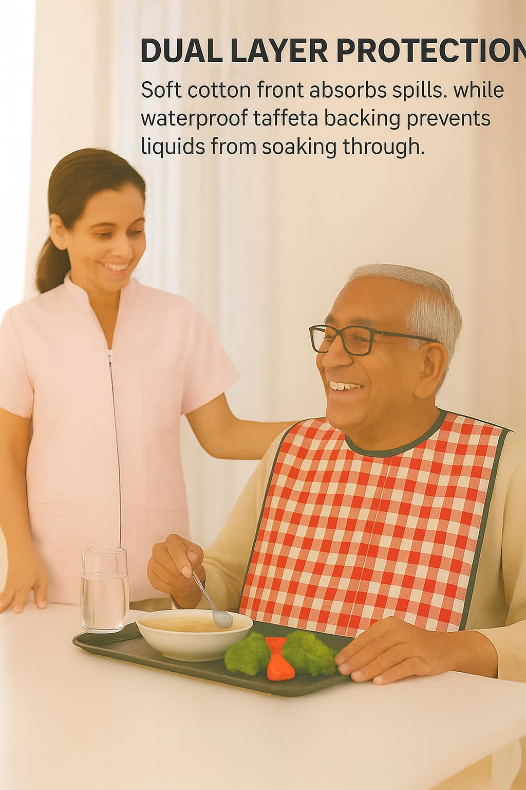 MAKSTILE Adult Bib| Extra-Long Adult Dining Bib for Elderly–2-Layer Absorbent Cotton & Waterproof Backing, Washable Reusable Clothing Protector for Senior Citizens, Disabled & Bedridden - Red - Image 3 thumbnail