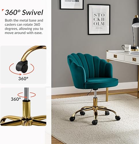 Miniatura 4 de HULALA HOME Silla de oficina en casa de terciopelo con base dorada, moderna y bonita silla de escritorio tapizada para tocador, silla giratoria