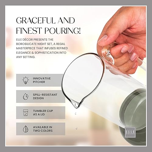 Miniatura 5 de elle decor Juego de jarras de noche, jarra de 32 onzas con taza, vaso que se dobla como tapa, hecho de vidrio de borosilicato, para habitación de