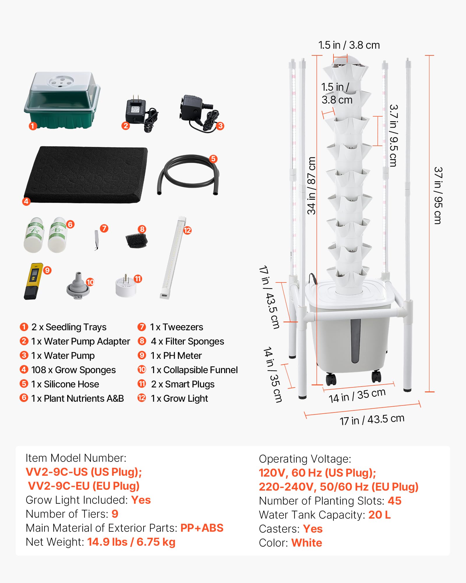 VEVOR Kit de Cultivo Hidropónico, Sistema de Torre Hidropónica de 9 Niveles 45 Agujeros, con Luces de Crecimiento Control por App Ruedas Bomba de Agua, Depósito de 20 L, para Hierbas Frutas Vegetales