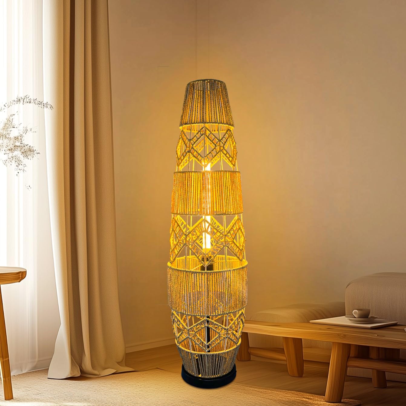Stehleuchte Handgewebte Rattan Stehlampe 93.5 cm: Boho Standleuchte mit Schirm und Fußschalter, 3 wählbare Farbtemperaturen, Für Wohnzimmer, Esszimmer und Schlafzimmer