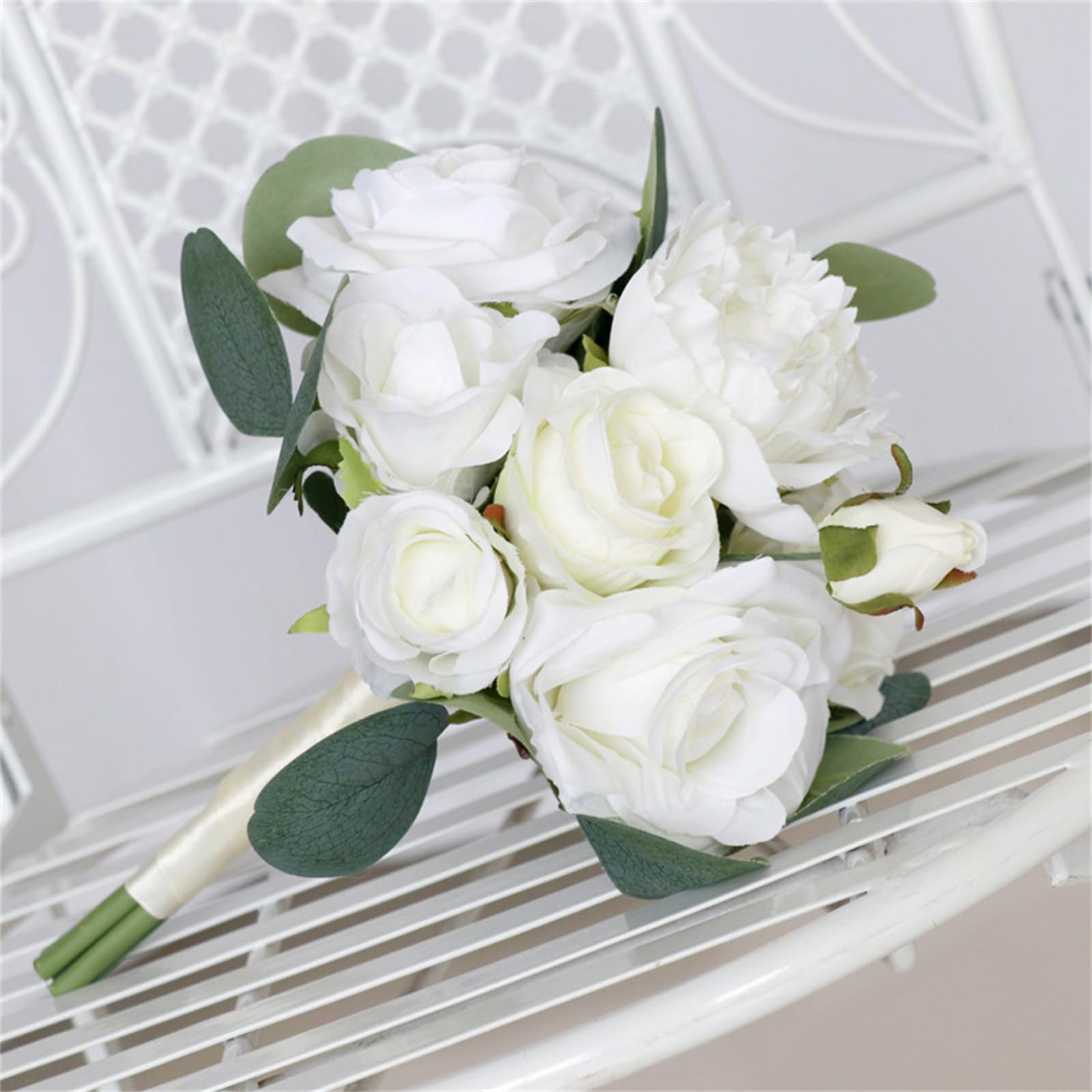 Bouquet de mariage pour demoiselle d'honneur, bouquet de fleurs artificielles pour décoration de cérémonie de mariage, anniversaire de mariage (petit bouquet de roses blanches, lot de 4)