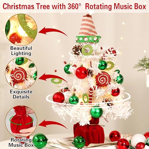 Miniatura 2 de Mini árbol de Navidad blanco, pequeño árbol de Navidad flocado con luces y música, árbol de Navidad artificial preiluminado, decoración de Navidad