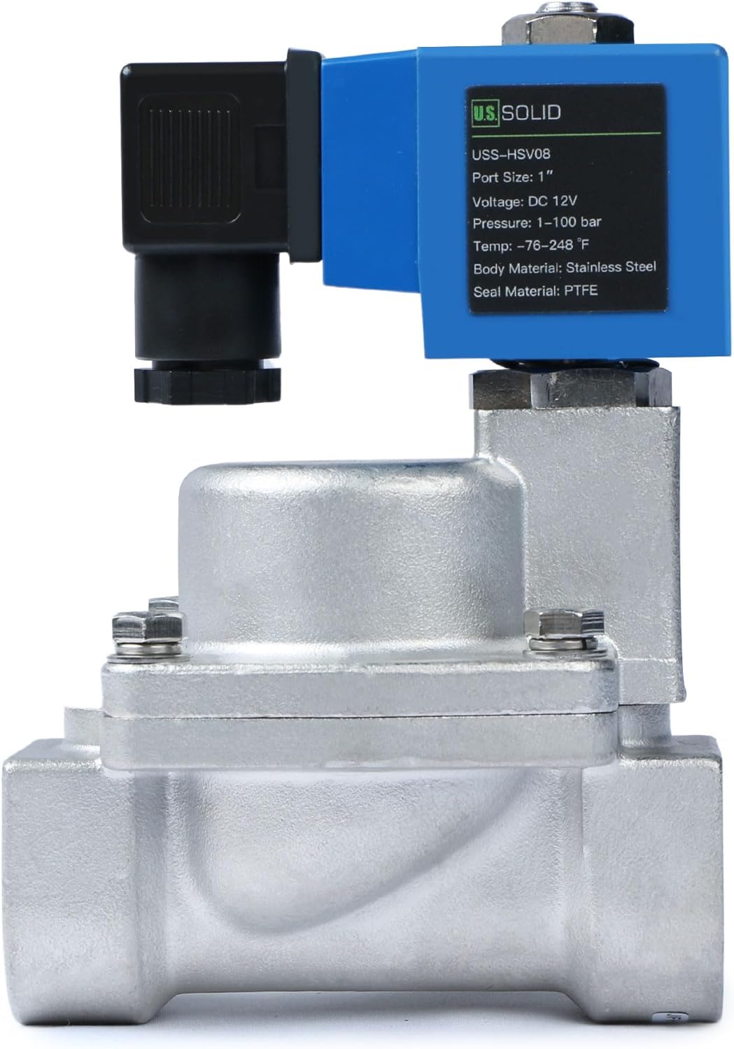 U.S. Solid 1" High Pressure Solenoid Valve, 12V DC, Stainless Steel, 100 bar, -76°F to 248°F – Heat-Resistant, High-Pressure Valve for Industrial Use, Water, Gas, Oil and Fluid Control