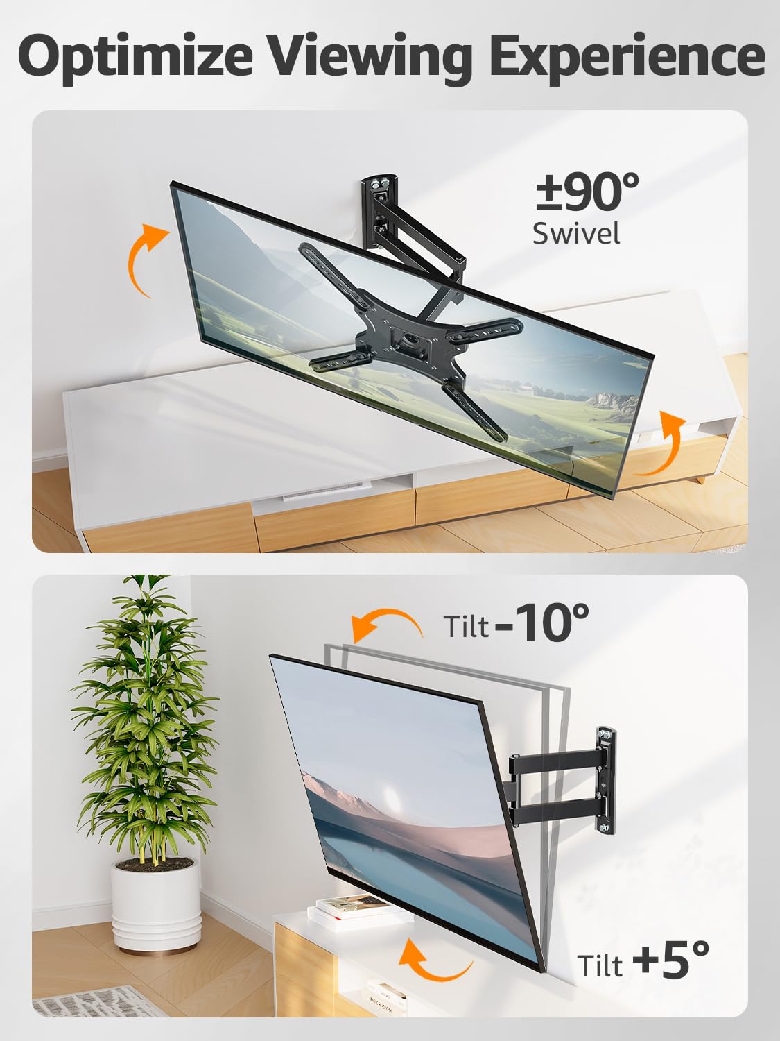 Diagram showing the ELIVED TV Wall Mount's swivel and tilt capabilities. It can swivel up to ±90 degrees and tilt from -10 degrees to +5 degrees.