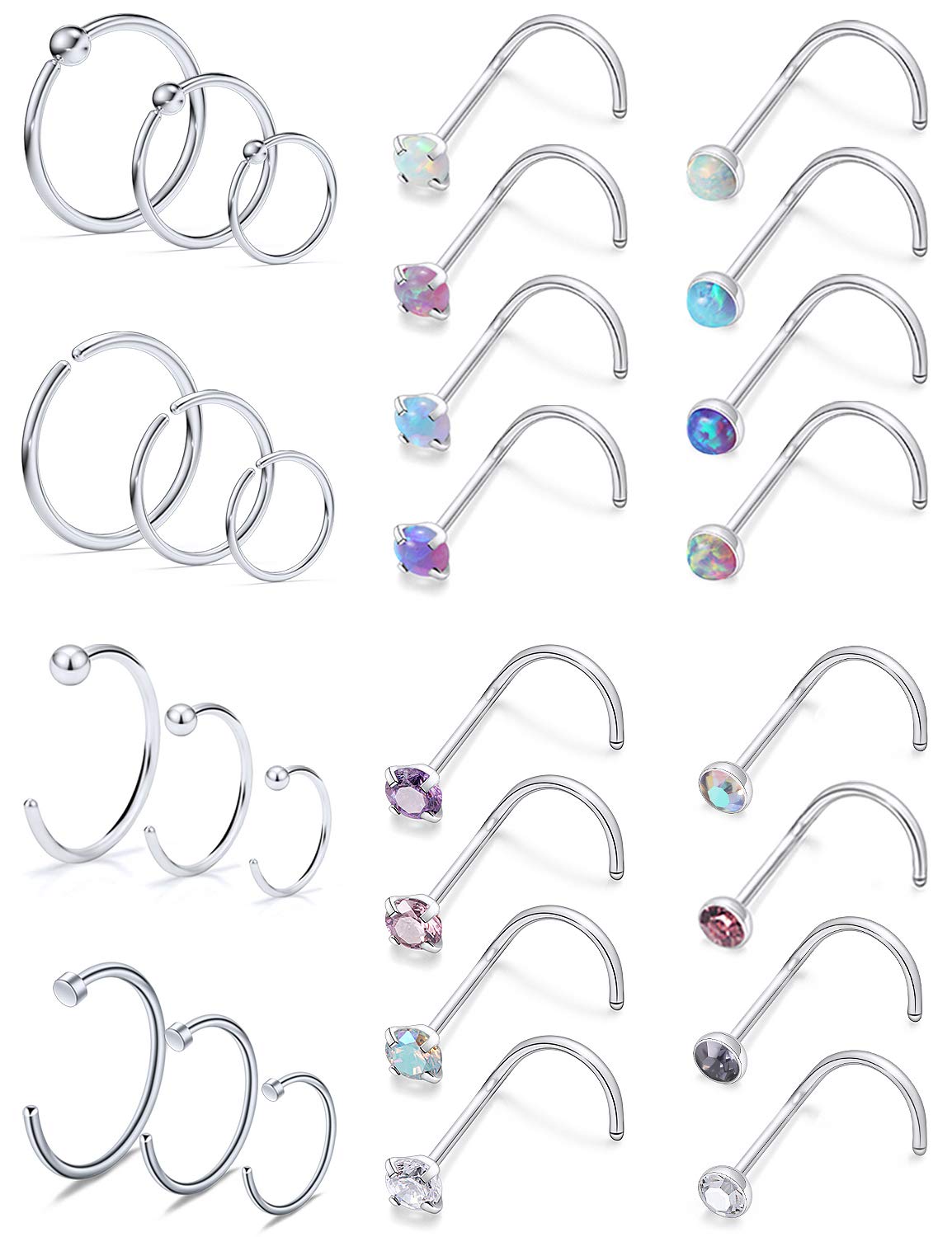 SCERRING 18 Gauge Nose Rings Hoop Stainless Steel Bone L Shaped Screw 1.5-3mm CZ Nose Studs Cartilage Daith Tragus Ear Piercing Ring Hoop Body Jewelry